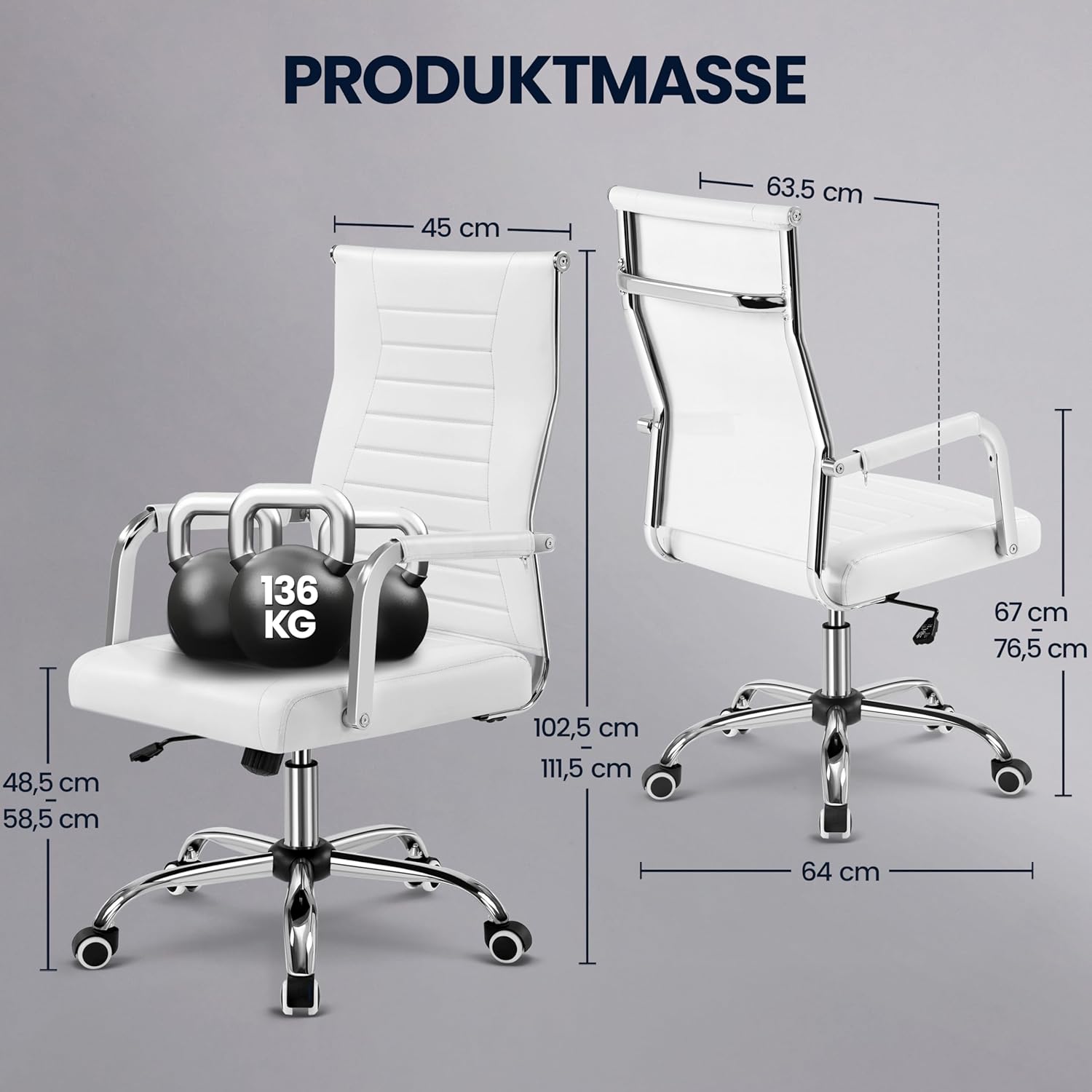 Yaheetech Bürostuhl, ergonomischer Schreibtischstuhl mit Armlehnen, Chefsessel, Computerstuhl, hohe Rückenlehne, Arbeitsstuhl mit Wippfunktion, maximale Belastung 136 kg, Weiß – Bild 3