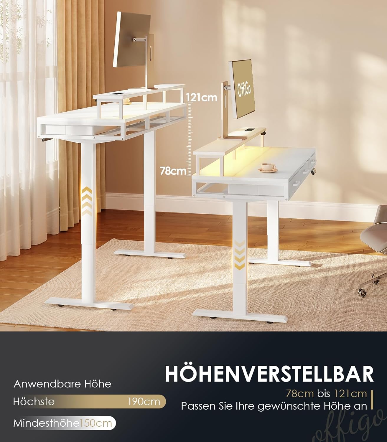 OffiGo Höhenverstellbarer Schreibtisch mit Monitorständer, 120 cm elektrischer Schreibtisch mit Schubladen, Stehpult mit Steckdosen und Lichtleiste, Tisch höhenverstellbarer Bürotisch, Weiß – Bild 4
