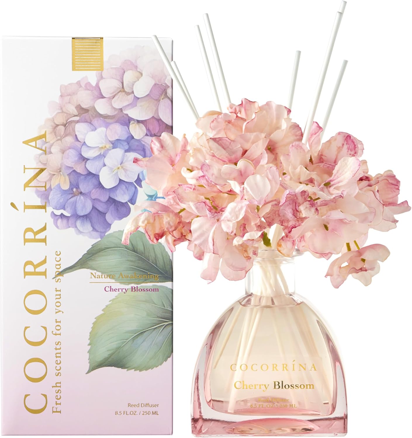 COCORRÍNA Blume 250 ml Raumduft mit 8 Duftstäbchen, Kirschblüte, natürlich, langanhaltend, Raumduft für Wohnzimmer, Schlafzimmer, Badezimmerregaldekor