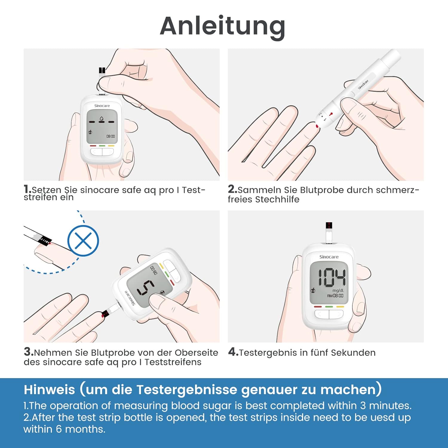 sinocare Blutzuckermessgerät-Set, Upgrade-Zuckermessgerät mit Teststreifen 50, Starter- und ältere Bedienungsfreundlich (Safe AQ Pro I Blutzuckermessgerät-Set 50) – Bild 9