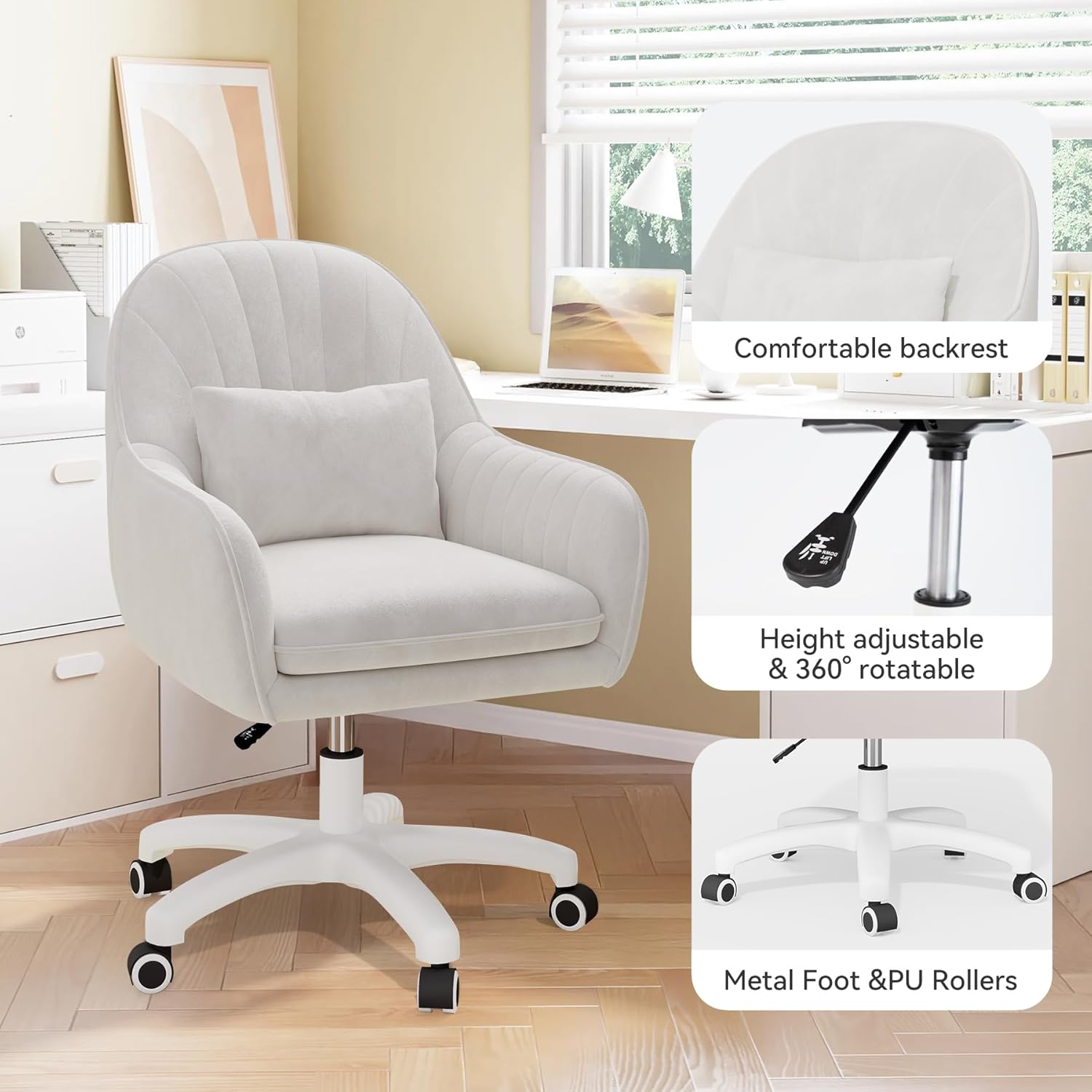 Home Office Stuhl, Samtstuhl mit Kissen, 360° drehbar, höhenverstellbarer Bürostuhl, ergonomisch, Schminkstuhl, Drehstuhl, für Arbeitszimmer, Schlafzimmer, maximale Belastung 120 kg, Weiß – Bild 6