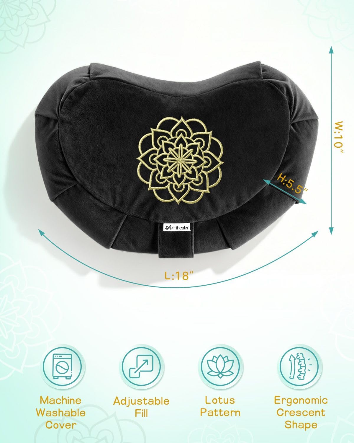 Hihealer Premium-Meditationskissen – bequemes Bodenkissen für Erwachsene, traditionelles Halbmond-Meditationskissen, Yoga, Buchweizen-Nackenrolle (schwarz) – Bild 4