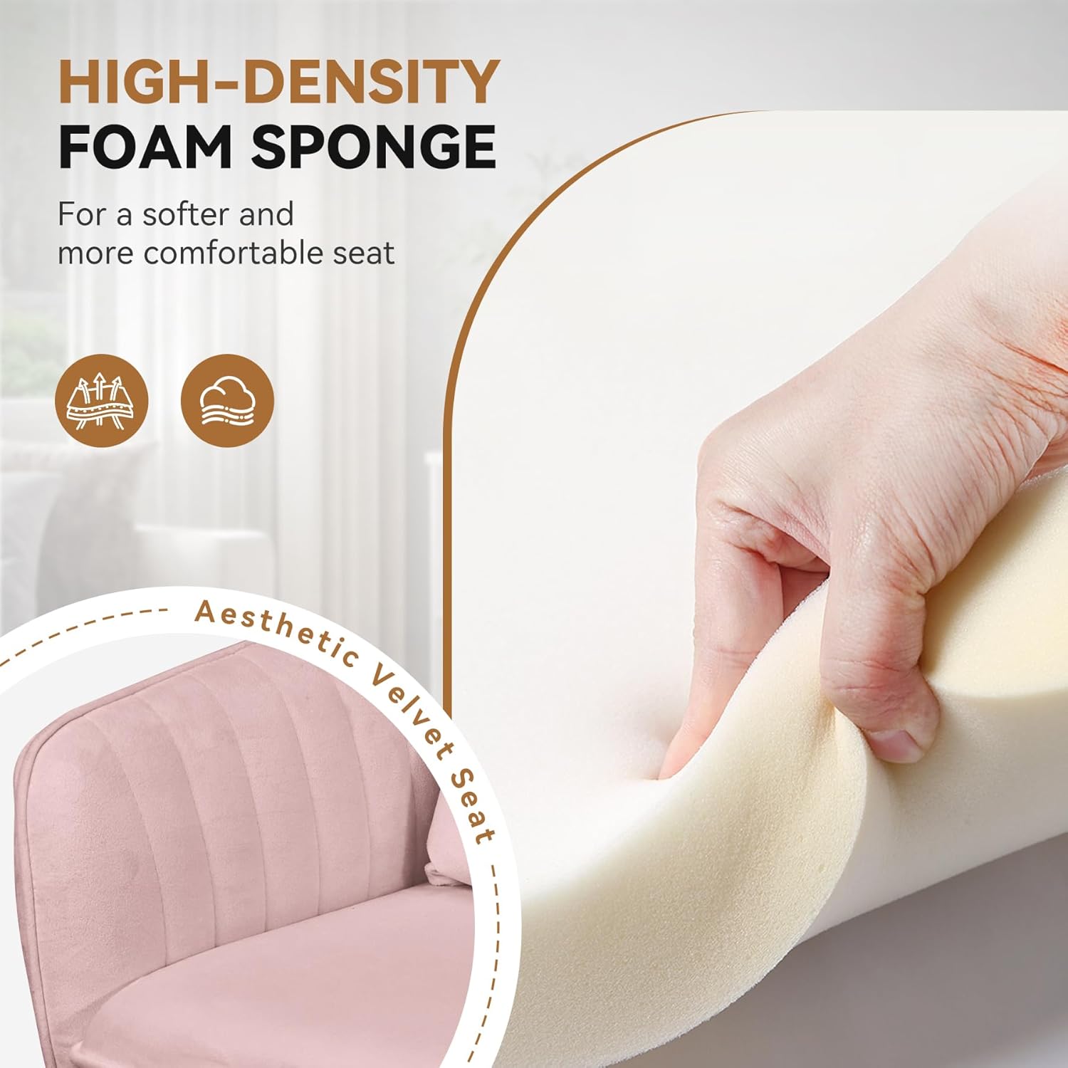 Home-Office-Stuhl, Samtstuhl mit Kissen, 360° drehbar, höhenverstellbarer Bürostuhl, ergonomisch, Schminkstuhl, Drehstuhl, für Arbeitszimmer, Schlafzimmer, maximale Belastung 120 kg, Rosa – Bild 7