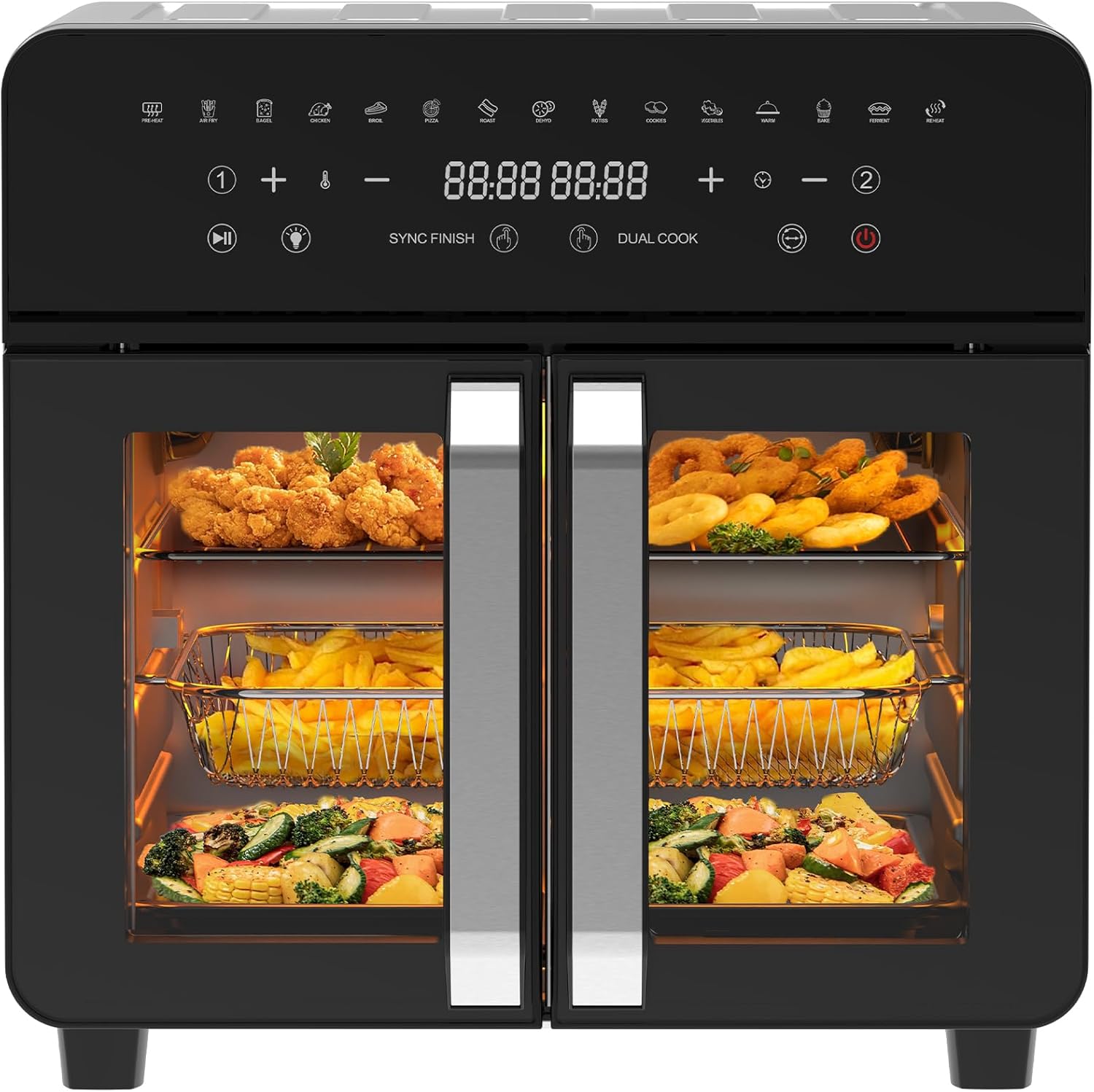 Heißluftfritteuse 23L Dual Zone – XXL Airfryer mit französischer Tür, Heißluftfritteuse mit Doppelkammer, 15 Programme, 2200 W, 12 Zubehörteile, herausnehmbare Trennwand für den Garraum, 50–200 °C