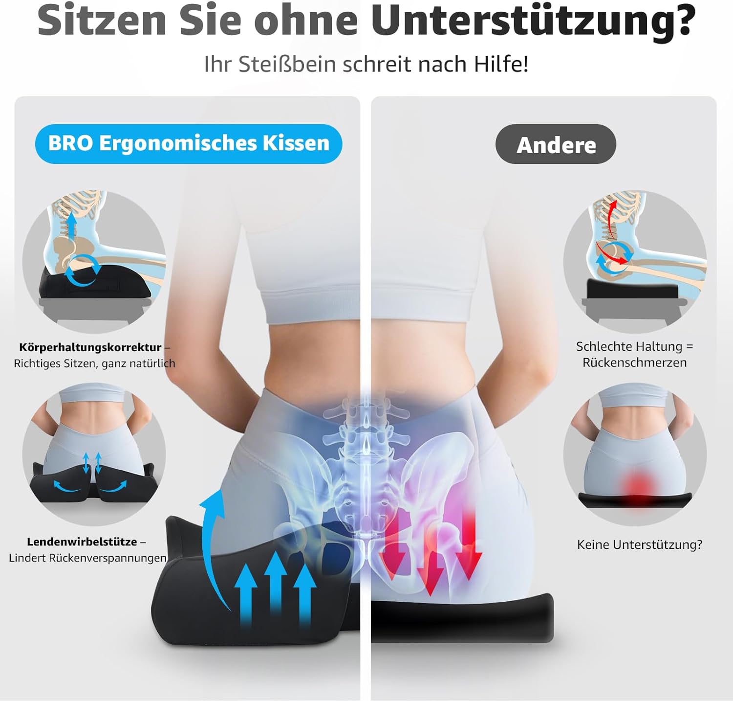 BRO Extra großes orthopädisches Sitzkissen mit Bezug aus Eisseide, ergonomisches Sitzkissen aus Memory-Schaum, Steißbein-Entlastung für Bürostuhl, Auto und Rollstuhl – Bild 3