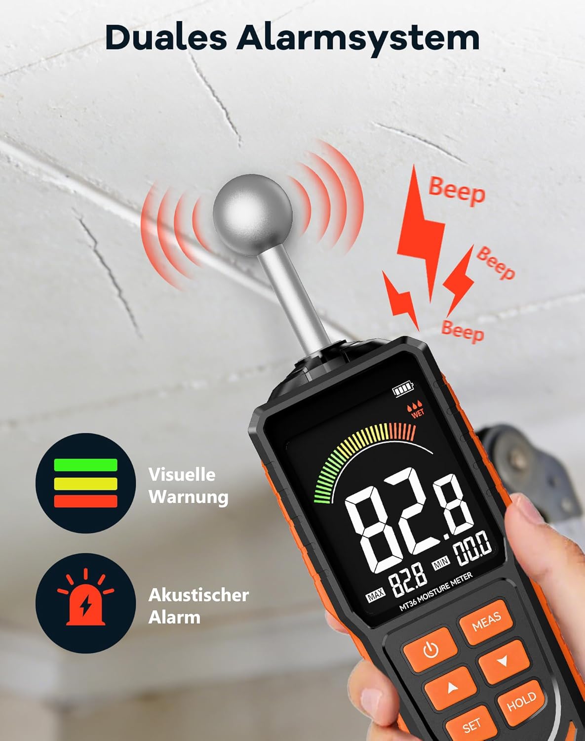 Feuchtigkeitsmesser für Wand und Holz, zerstörungsfreies Feuchtigkeitsmessgerät mit Kugelsensor, 40 mm Tiefenscan, wiederaufladbarer USB-C-LCD-Farbbildschirm-Feuchtigkeitsmesser für Beton, Estrich, Wohnmobil-Inspektion – Bild 5