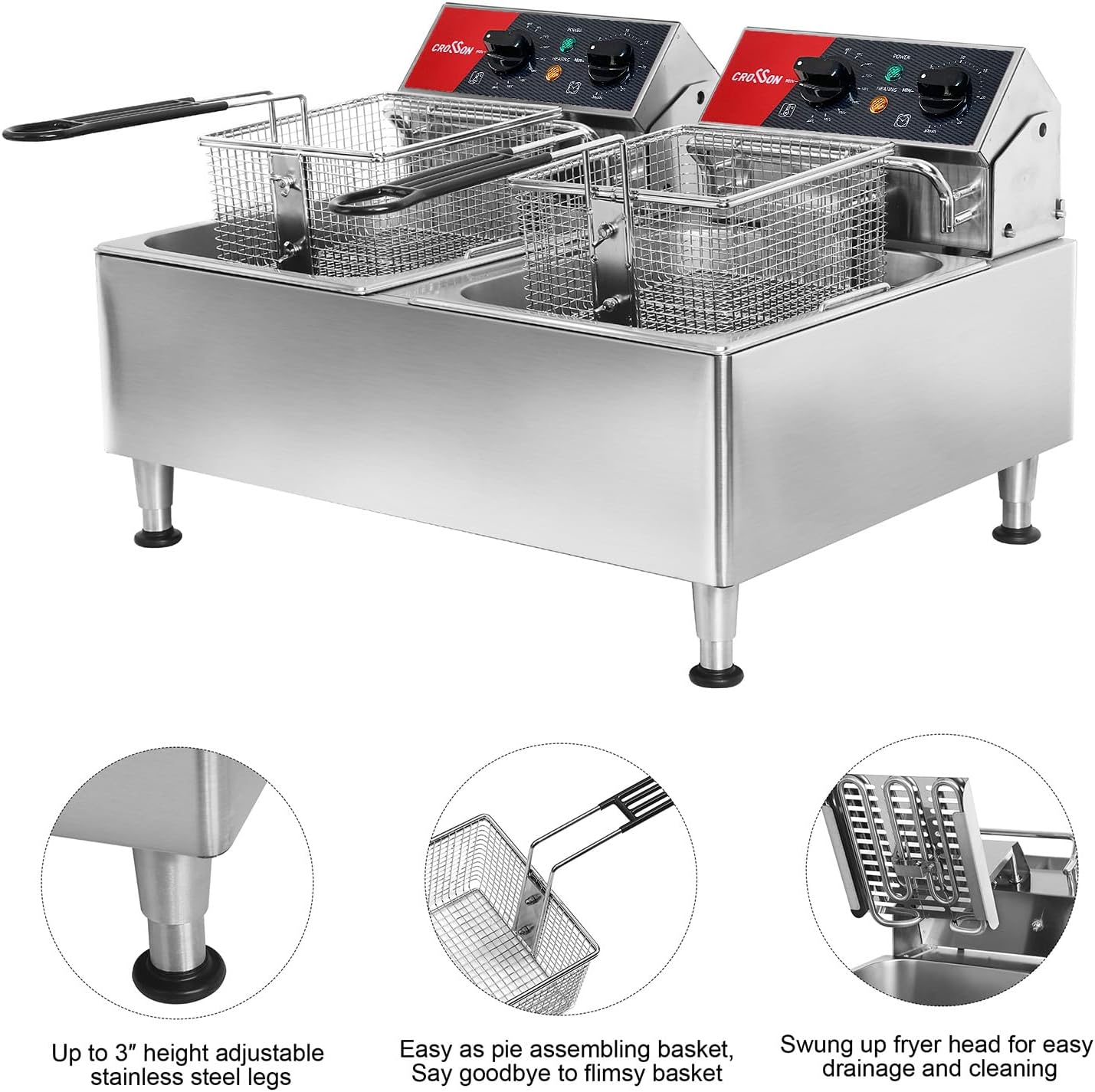 CROSSON 12L elektrische Fritteuse mit Doppeltank und rotierendem Frittierkopf, 30-Minuten-Timer, EGO-Thermostat, Arbeitsplattenfritteuse für den gewerblichen Einsatz – Bild 6