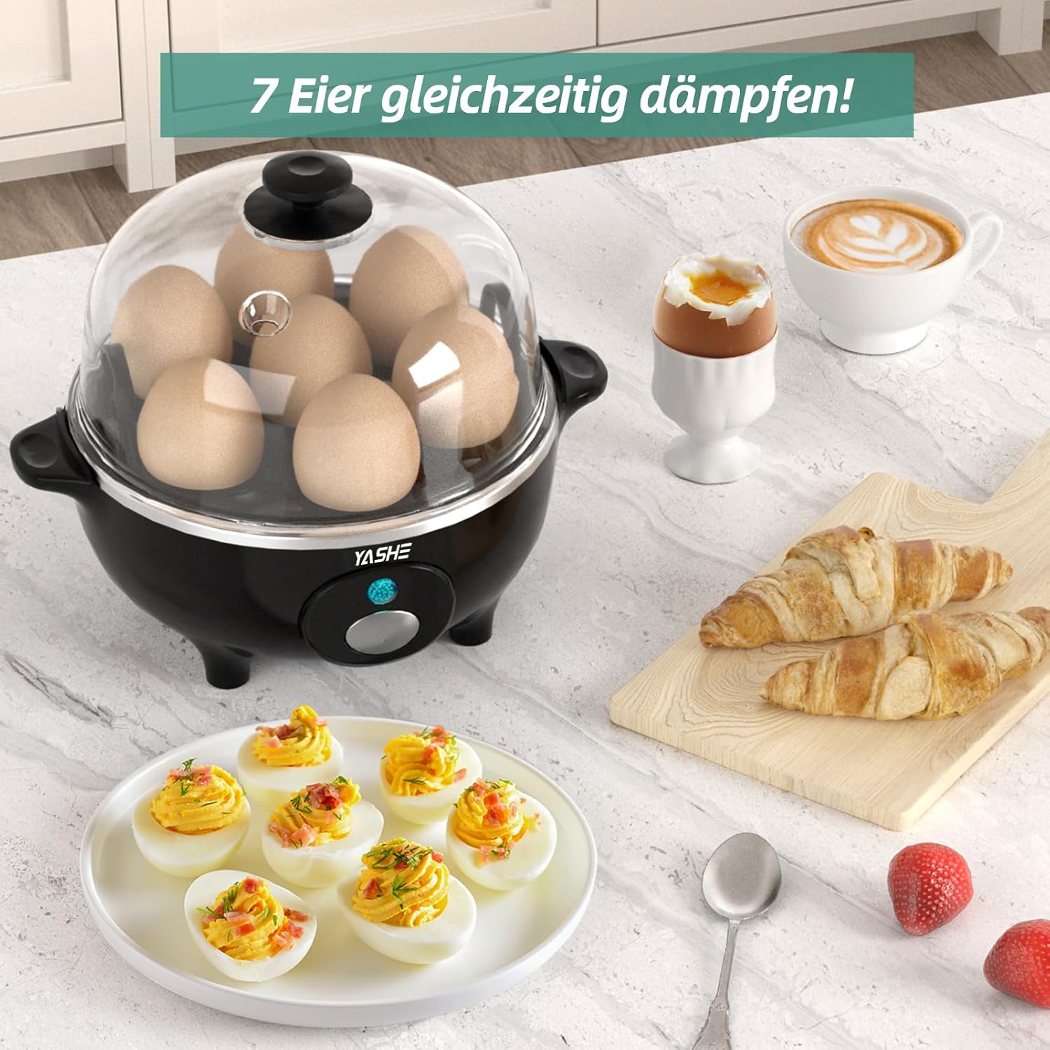 YASHE Eierkocher, 360 W, kompakter Eierkocher, multifunktional, 7 Eier leicht zu pellen, weich, mittel, hartgekocht, Eierbecher, Omelette-Maker, Dampfgarer, Signalton, Kontrollleuchte, BPA-frei – Bild 2