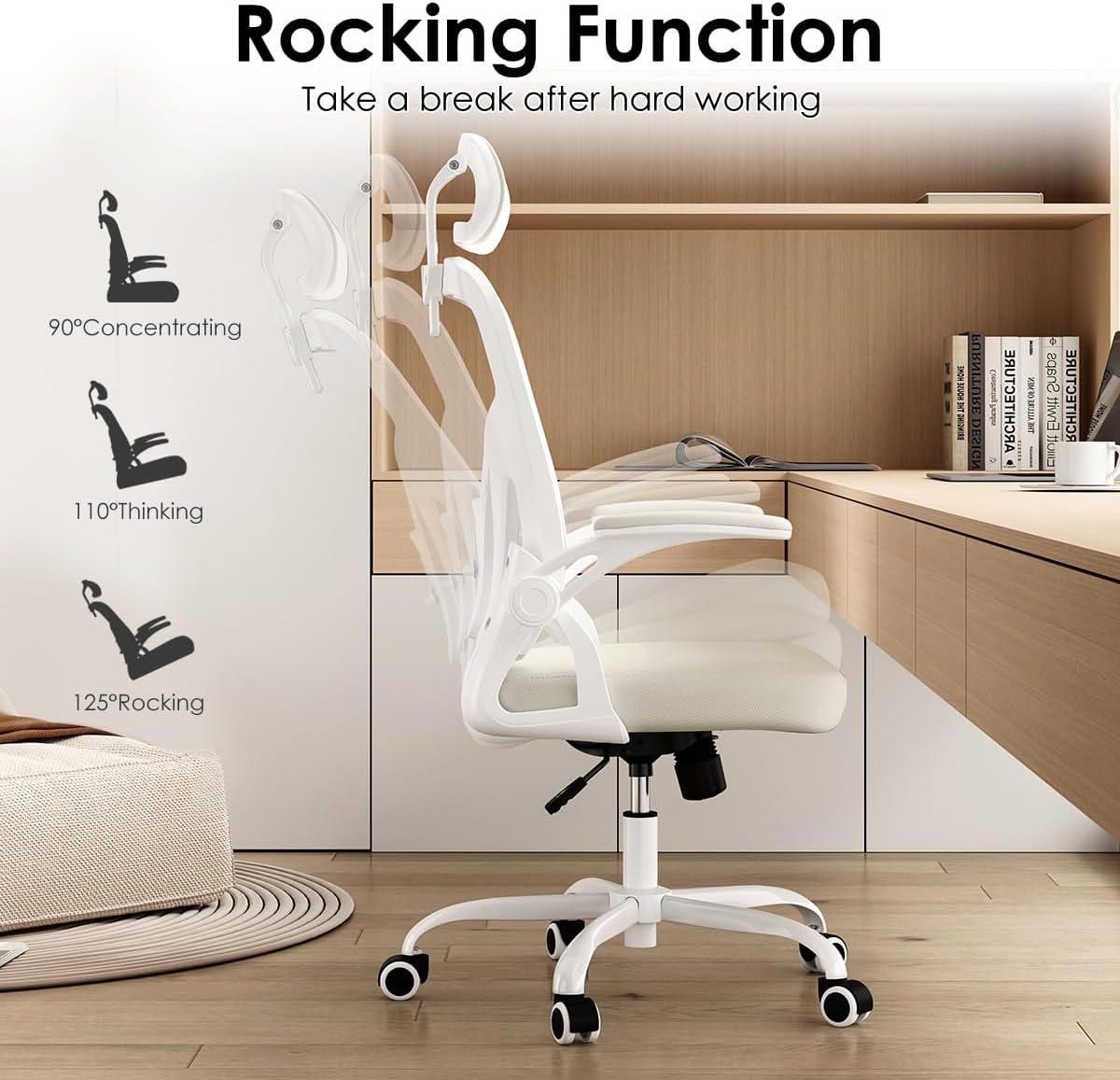 Farini Ergonomischer Stuhl mit Armlehne, Büro-Schreibtischstuhl mit Rollen, bequemer Home-Office-Stuhl, Weiß – Bild 5