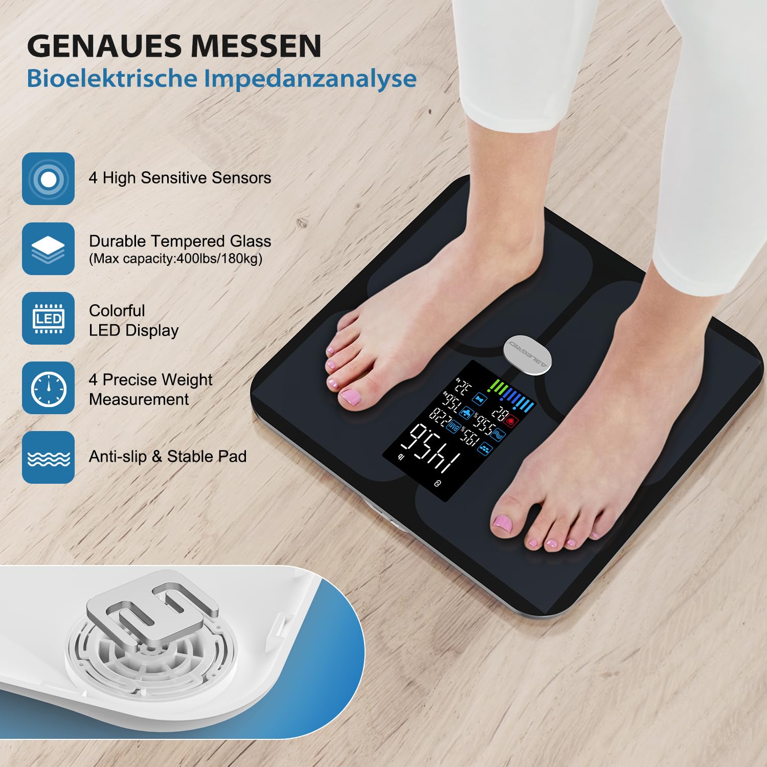 ABLEGRID Wiederaufladbare Körperfettwaage, LED-Digital-Personenwaage mit Körperfett und Muskelmasse, Körperfettanalyse, 16 Messungen der Körperzusammensetzung, BMI, Herzfrequenz, 180 kg, Schwarz – Bild 8