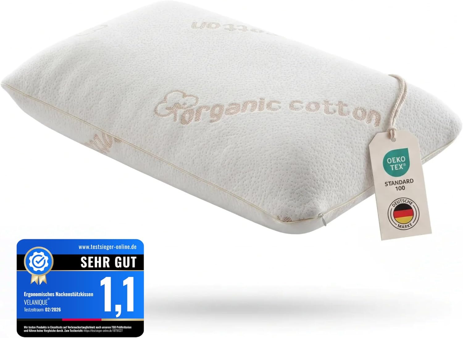 Bio-Baumwolle, orthopädisches Nackenstützkissen – mittelfest – für breite Schultern, Visco-Kissen, ergonomisch, hautfreundlich, natürlicher Schlafkomfort, Memory-Schaum-Kissen 15 cm hoch