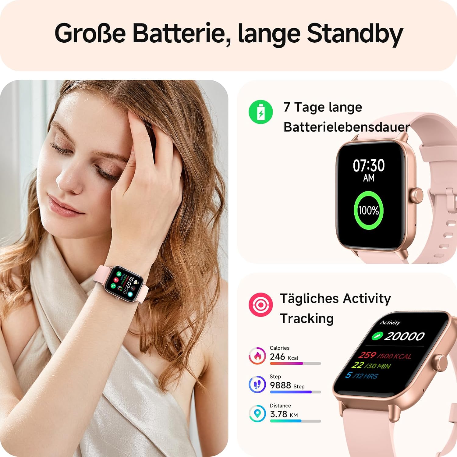 Damen-Smartwatch mit Telefonfunktion, 1,8-Zoll-Smartwatch, Fitnessuhr mit WhatsApp und Alexa, Herzfrequenz-Schlafmonitor, 120+ Sportmodi, Fitness-Tracker, IP68 wasserdichte Uhren Damen für – Bild 4
