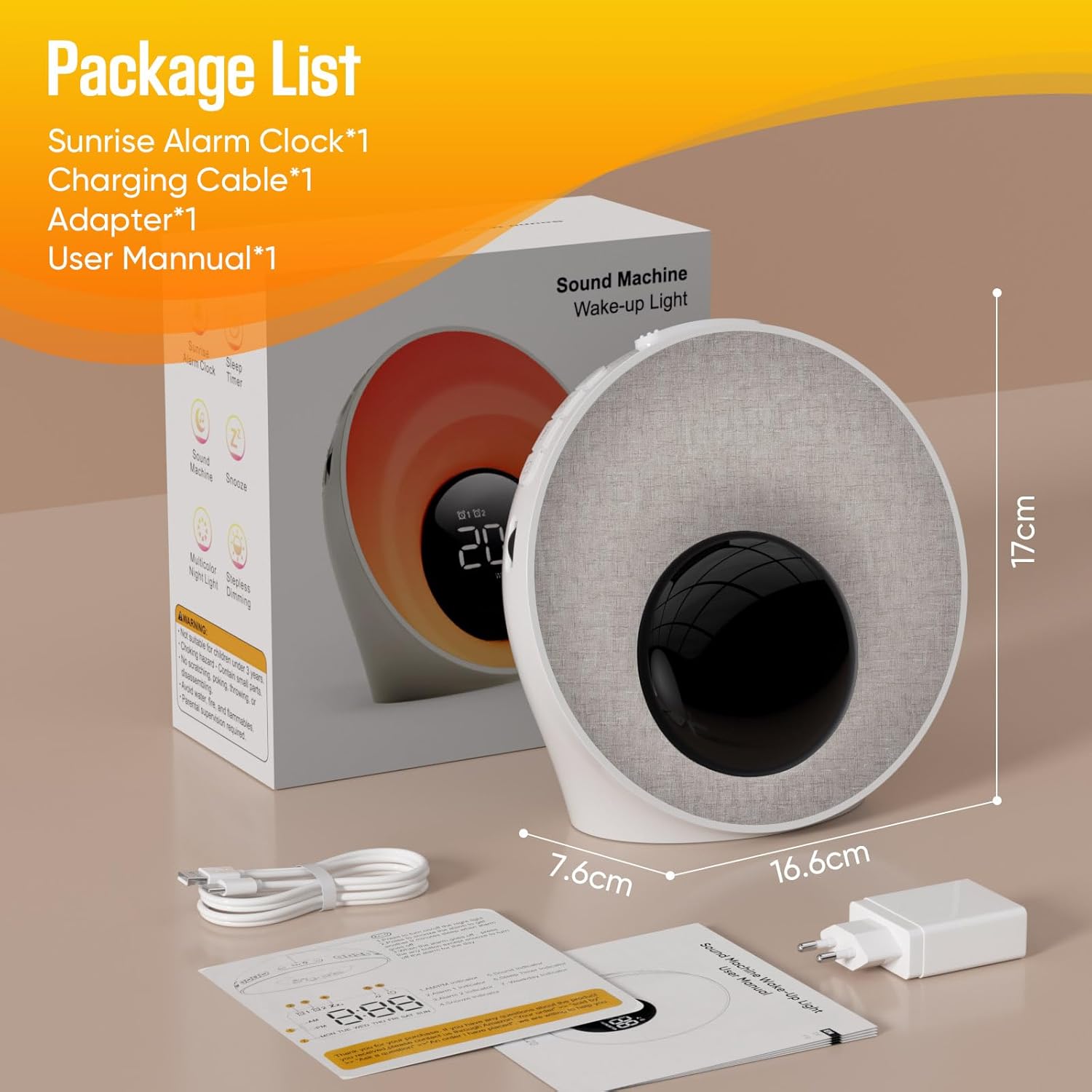 Tageslichtwecker, Lichtwecker Sonnenaufgang Wecker mit Licht, Wecker Digital mit 2 Alarme und Snooze, White Noise Machine mit 30 Schlafgeräuschen, Nachttischlampe mit 20 Helligkeit, 8 Farblicht, Timer – Bild 9
