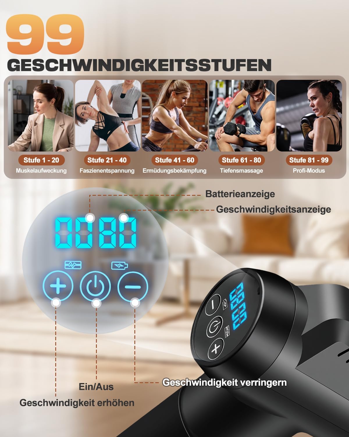 Massagepistole, Muskel-Percussion-Massagegerät mit 99 Geschwindigkeiten und 8 Massageköpfen, bis zu 9800 U/min, 14 mm Amplitude, LED-Touchscreen, 35 dB Massagepistole für Nacken und Rücken – Bild 4
