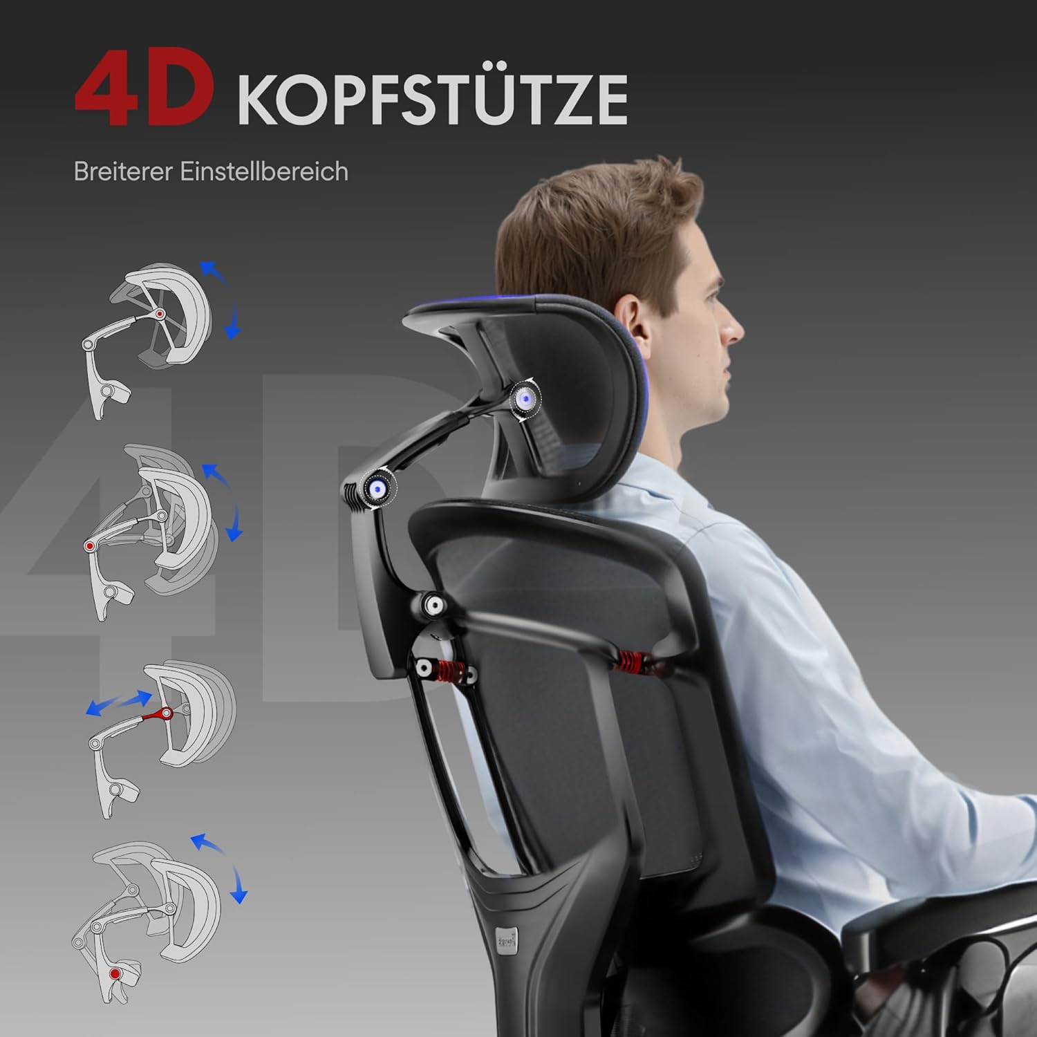 FLEXISPOT ErgoX Pro Ergonomischer Bürostuhl mit ausziehbarer Fußstütze, 12-stufige Höhenverstellung, 7D-Armlehnen, 5D-Lendenwirbelstütze, 4D-Kopfstütze, 250 kg Tragkraft, Netzsitz, Schwarz – Bild 6