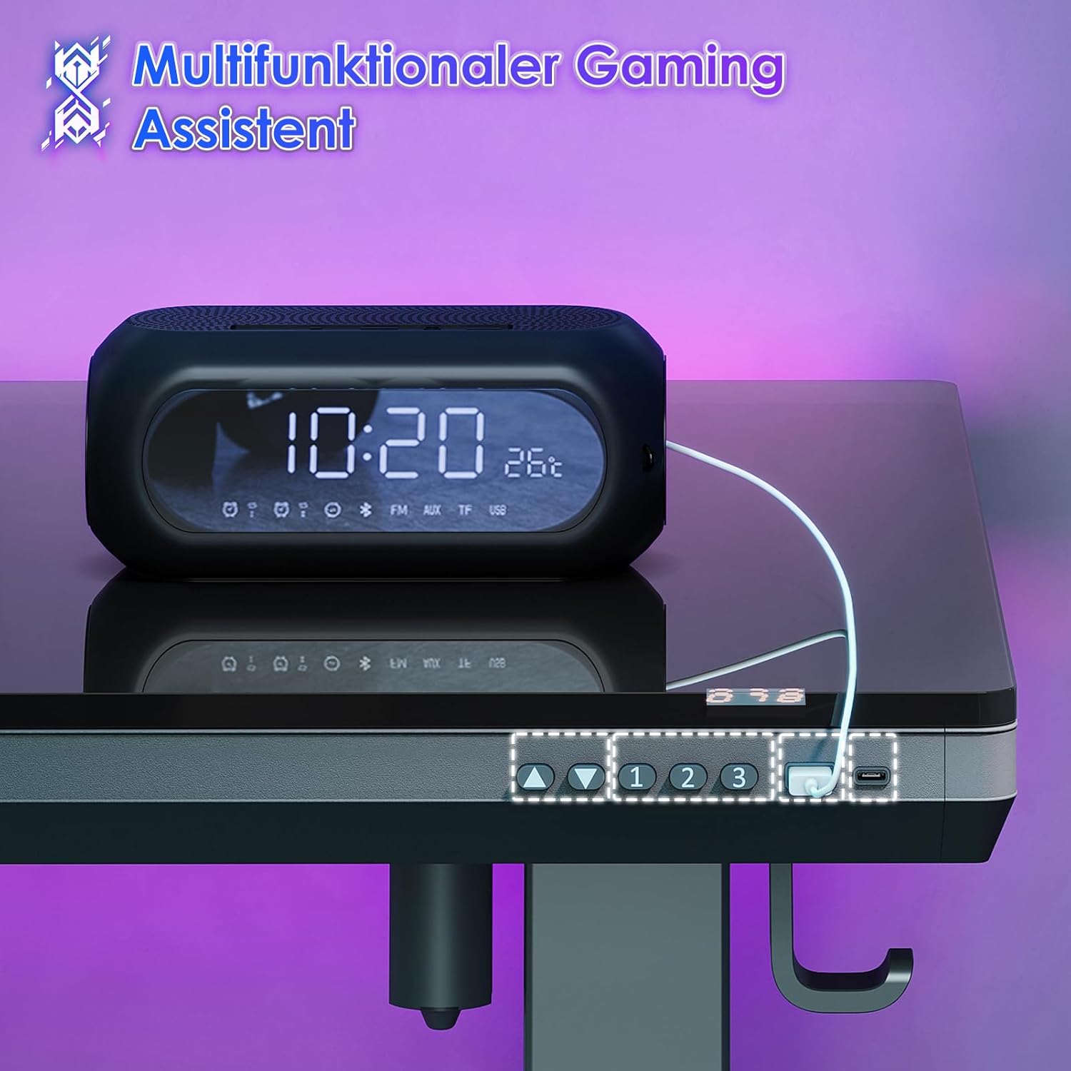 OffiGo Glas höhenverstellbarer Schreibtisch, 140 x 60 cm, elektrischer Schreibtisch mit Schublade, ganze Tischplatte mit USB und Typ-C, Stehpult, Stehsitz, Glastisch für Home Office, Büro, Schwarz – Bild 5