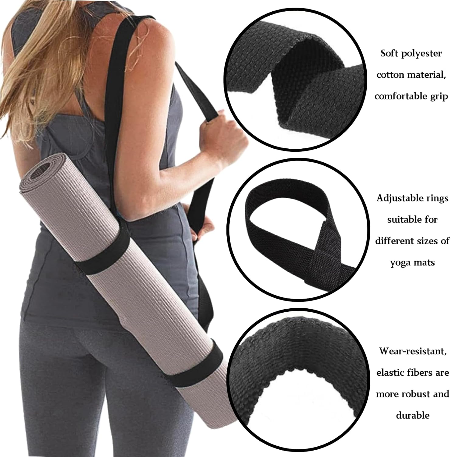 2 Stück schwarze Yogamatten-Tragegurte, verstellbare, langlebige Schlinge, geeignet für alle Mattengrößen, fester Yoga-Gurt für Pilates, Fitness und Outdoor-Aktivitäten – Bild 3
