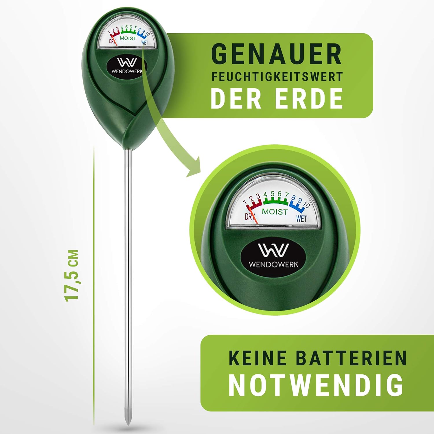 Wendowerk® Bodenfeuchtemessgerät für Pflanzen – (Grün/Schwarz) – ohne Batterien – verbessertes Feuchtigkeitsmessgerät für Pflanzen (2024) – Premium-Bodentester – Bild 2