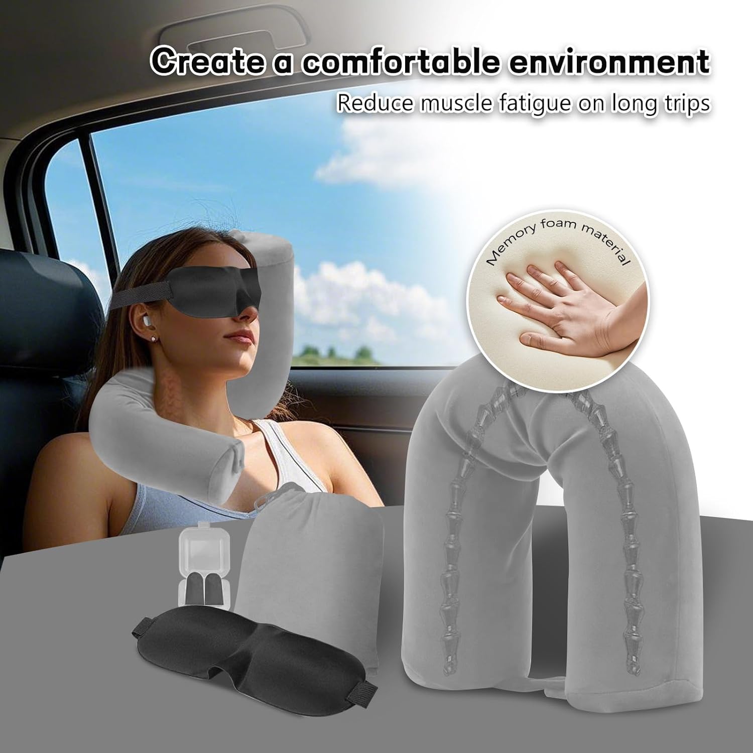 EPROICKS Flugzeug-Nackenkissen, verstellbar, Reisekissen, flexibles Auto mit Memory-Schaum und flexiblen Stützstangen, formbar für Seitenschläfer, inklusive Schlafmaske und Ohrstöpsel, kompakt, atmungsaktiv (grau) – Bild 3