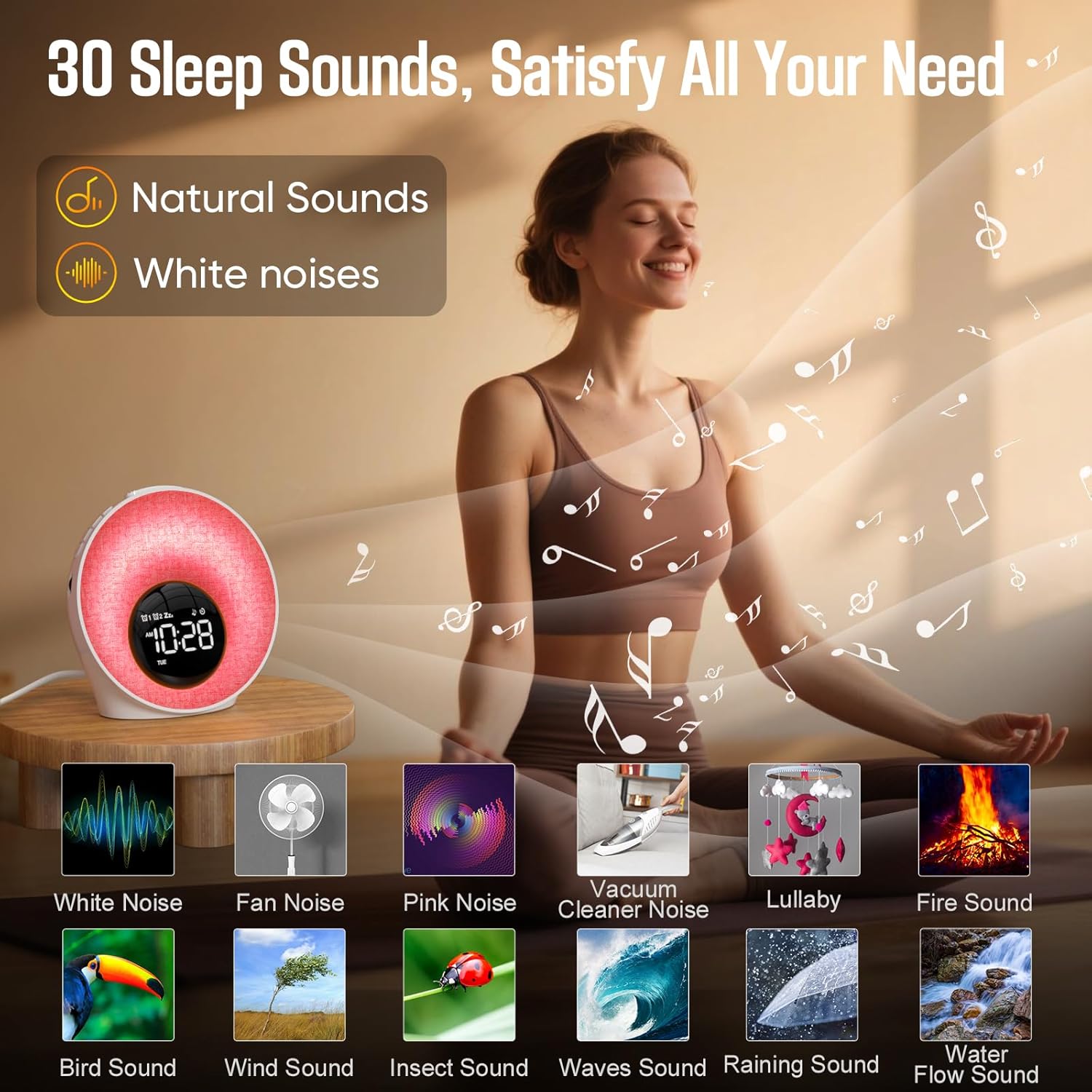 Tageslichtwecker, Lichtwecker Sonnenaufgang Wecker mit Licht, Wecker Digital mit 2 Alarme und Snooze, White Noise Machine mit 30 Schlafgeräuschen, Nachttischlampe mit 20 Helligkeit, 8 Farblicht, Timer – Bild 6