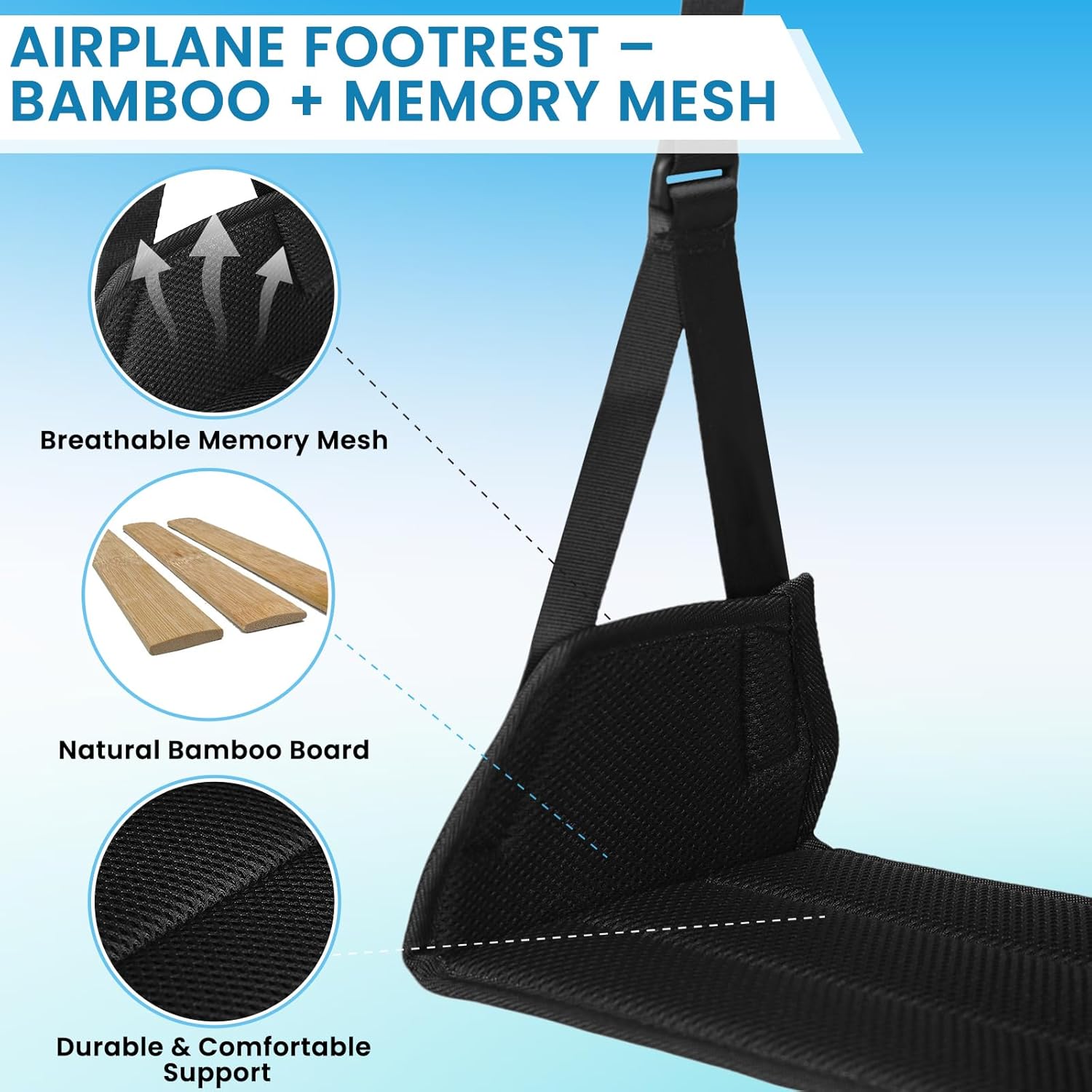 Flugzeug-Fußstütze, tragbare verstellbare Reise-Fußhängematte, aus Memory-Form, rutschfest, atmungsaktiv, maximale Belastung 40 kg, ergonomische Fußstütze für Reisen, Büro und Zuhause – Bild 3