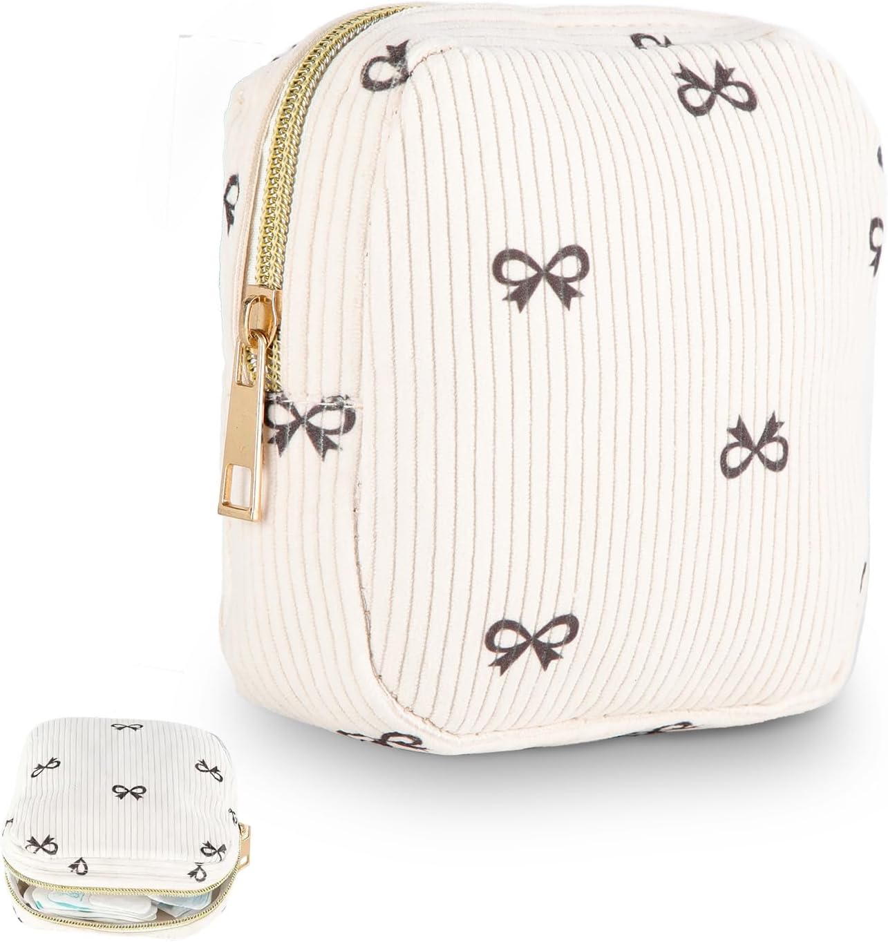 Aufbewahrungstasche für Damenbinden, Hygienetasche für Damenbinden, Cord-Tampon-Aufbewahrung, Kosmetiktasche klein für Damenbinden und Tampons, Reiseutensilien, tragbare Make-up-Tasche für Frauen und Mädchen (Schleife)