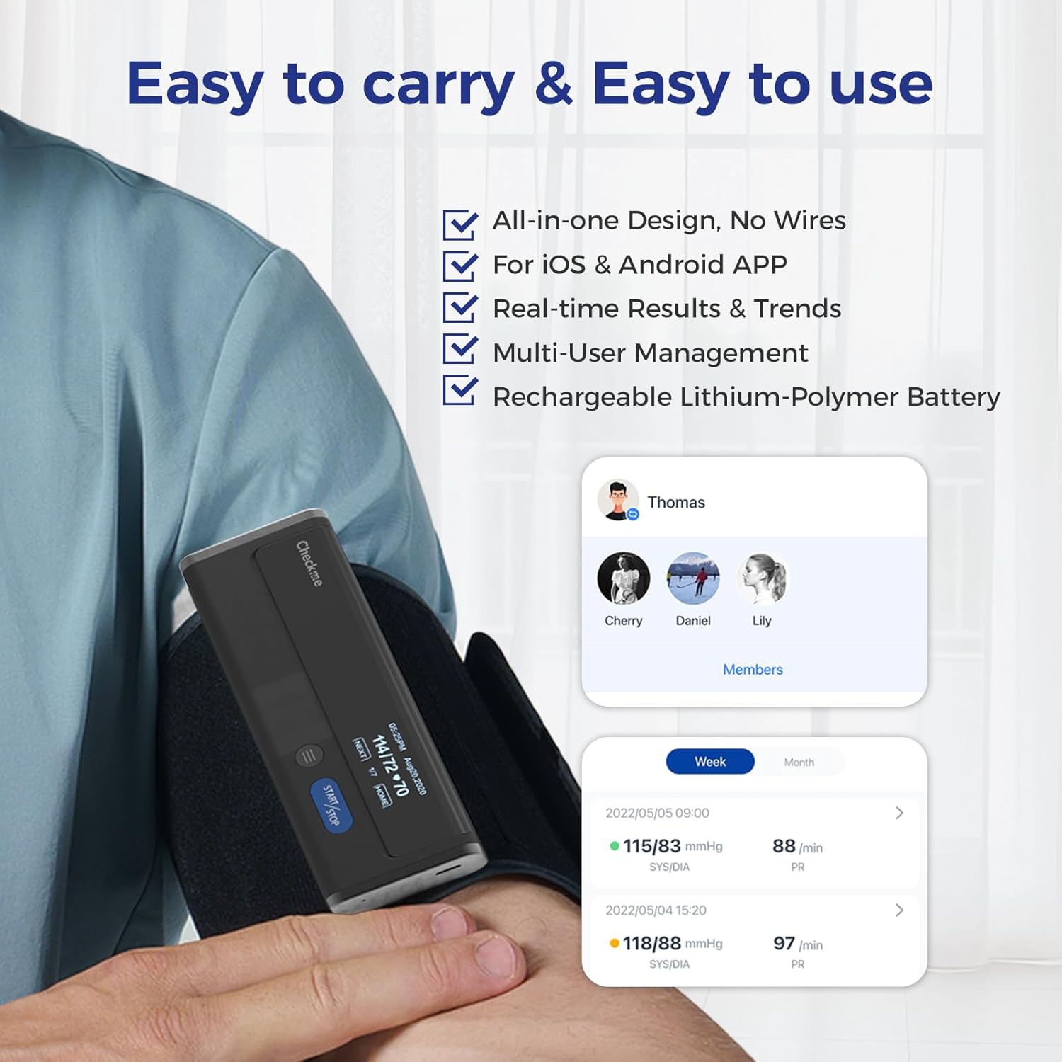 CheckMe Oberarm-Blutdruckmessgerät – Präzises digitales Blutdruckmessgerät mit App-Synchronisierung, Mehrbenutzermodus, Trendanzeige und Berichtsfreigabe, für iOS/Android, Manschette 22–42 cm – Bild 2