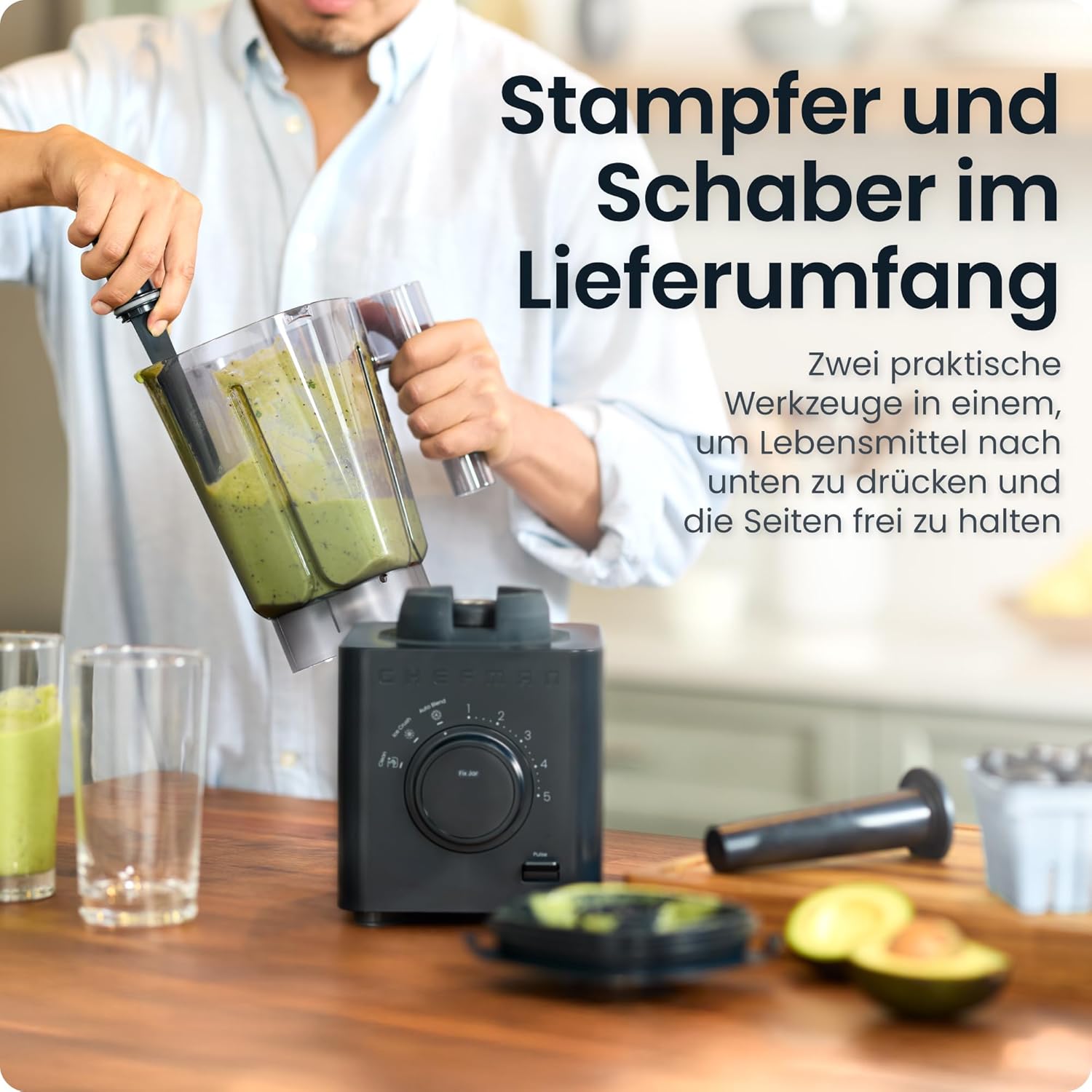 Chefman Obliterator 1,2-l-Mixer für Smoothies, 1380-W-Motor zum Zerkleinern von Eis, Nüssen und gefrorenen Früchten mit Edelstahlklinge, automatische Mischfunktion, inklusive 600-ml-Reisebehälter – Midnight – Bild 6