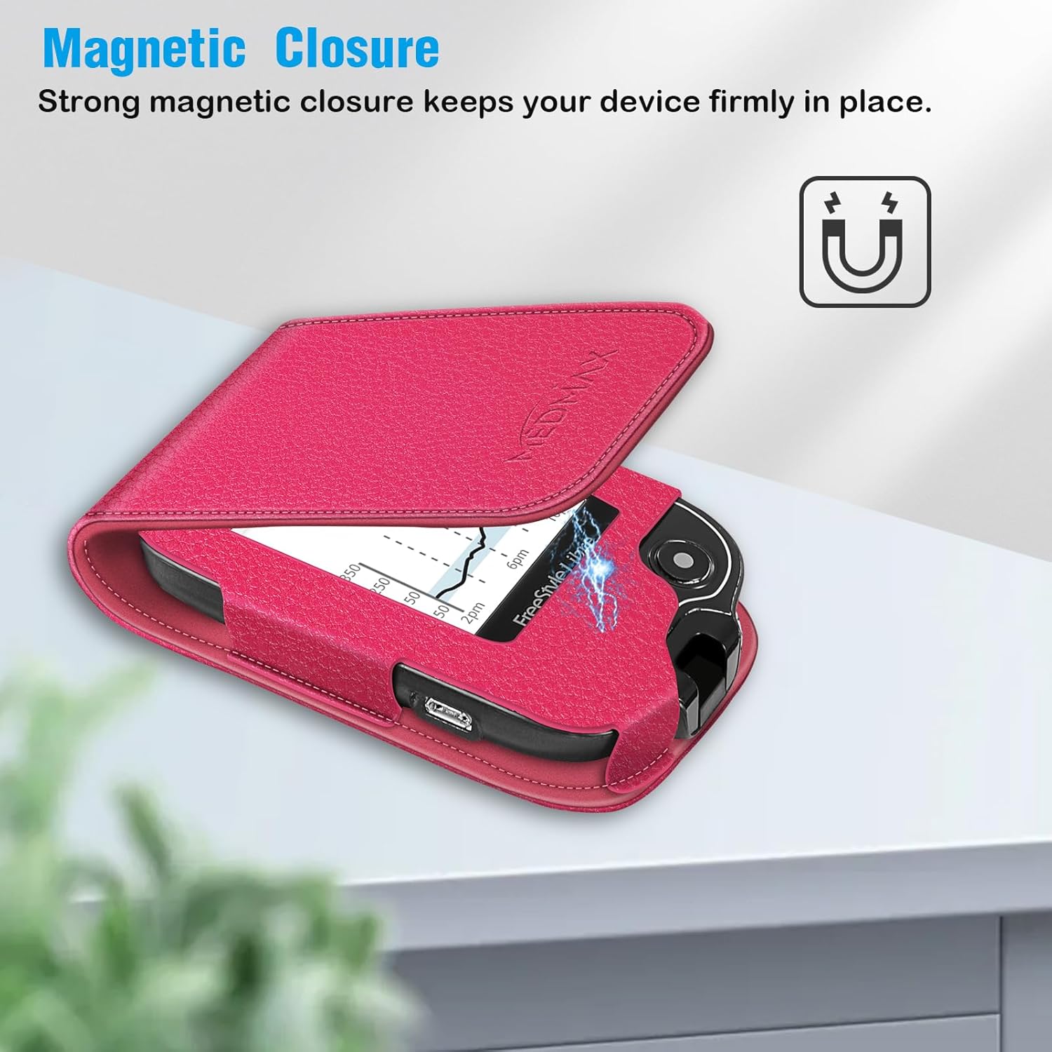 MEDMAX Hülle für Freestyle Libre 3/2 / Libre Reader Blutzuckermessgerät, Tasche mit Nackenhalter zum Umhängen, Kunstleder Schutzhülle mit Karabinerhaken für Diabetiker, (Rose Red) – Bild 4