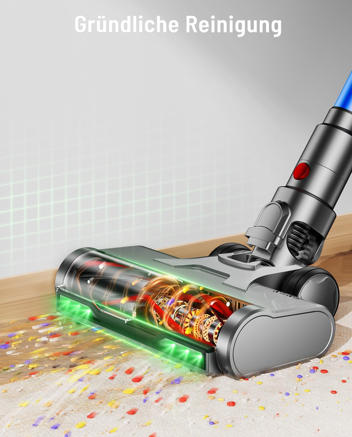 Akku-Staubsauger, 50 KPA/600 W/70 Min. Akku-Staubsauger mit Selbstaufstellung, 1,8 l großer Staubbecher, Anti-Tangle-Bürste, 8-stufiges Filtersystem, grünes Licht für Hartböden, Teppiche, Tierhaare – Bild 5