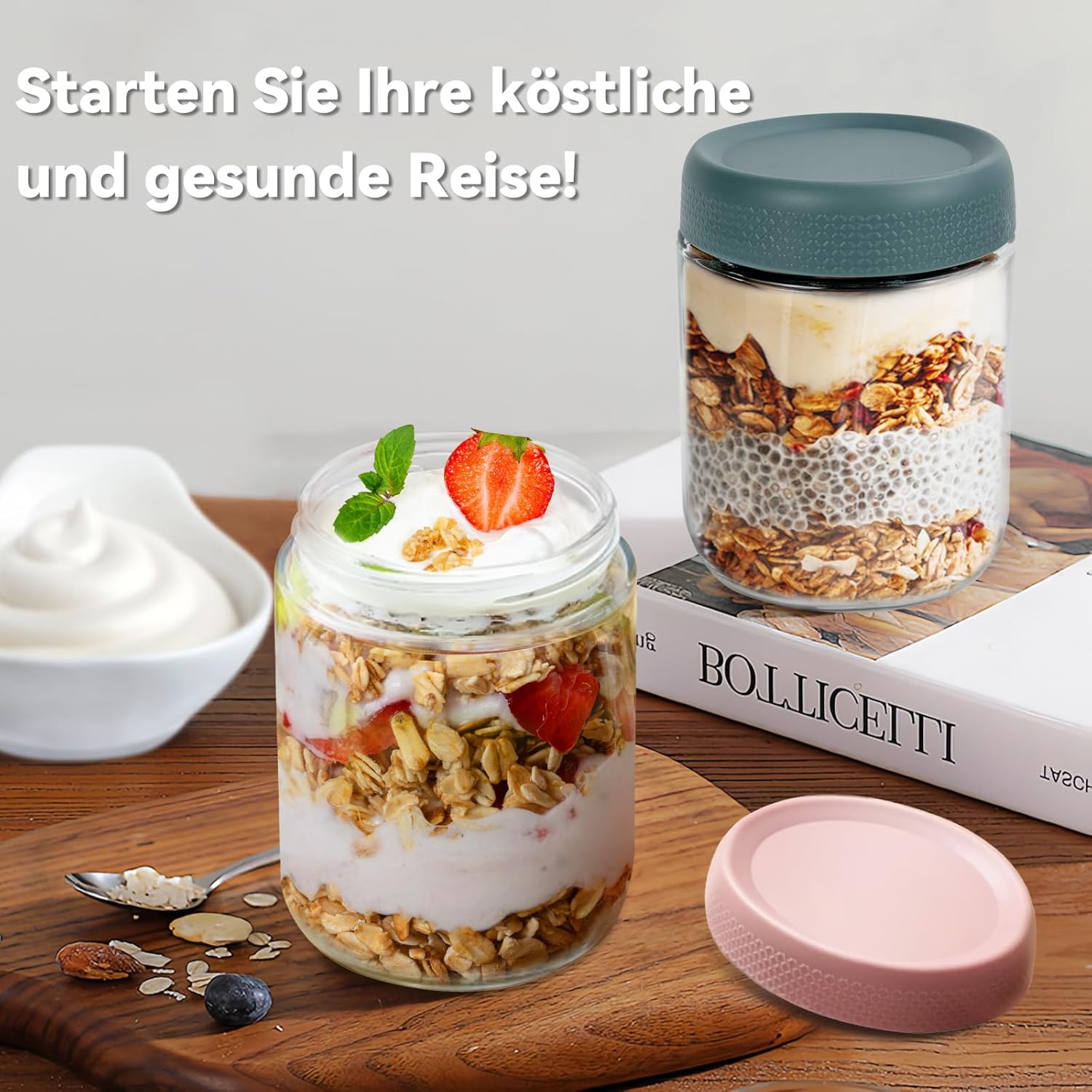 500-ml-Overnight-Oats-Gläser, 6 Stück Meal-Prep-Gläser mit Deckel und Löffel, Weithalsgläser mit Deckel, Joghurt-Snacks, Obst, Salatdressing, Soße, Getreide auslaufsicher – Bild 3