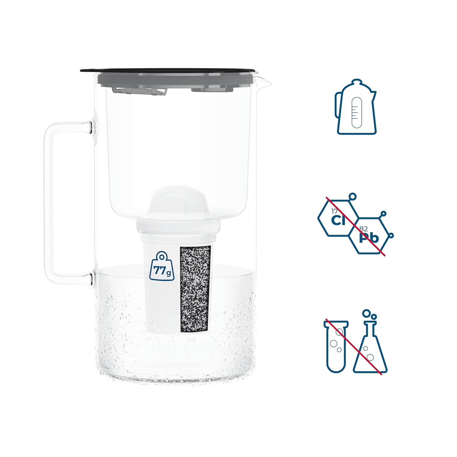 Wessper Glas-Wasserfilterkanne mit Wasserfilterkartuschen für Trinkwasser 2 L, Glaskanne mit intelligentem Filterzähler, Set inklusive 1 x Filter mit Aktivkohleschwarz – Bild 5