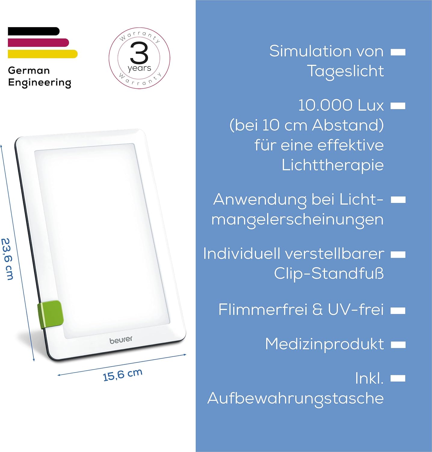Beurer TL 30 Tageslichtlampe, Simulation von Tageslicht, Lichtstärke ca. 10.000 Lux bei 10 cm Abstand, Medizingerät mit LED-Technologie, flimmer- und UV-frei, mit variablem Stativ und Tasche – Bild 6