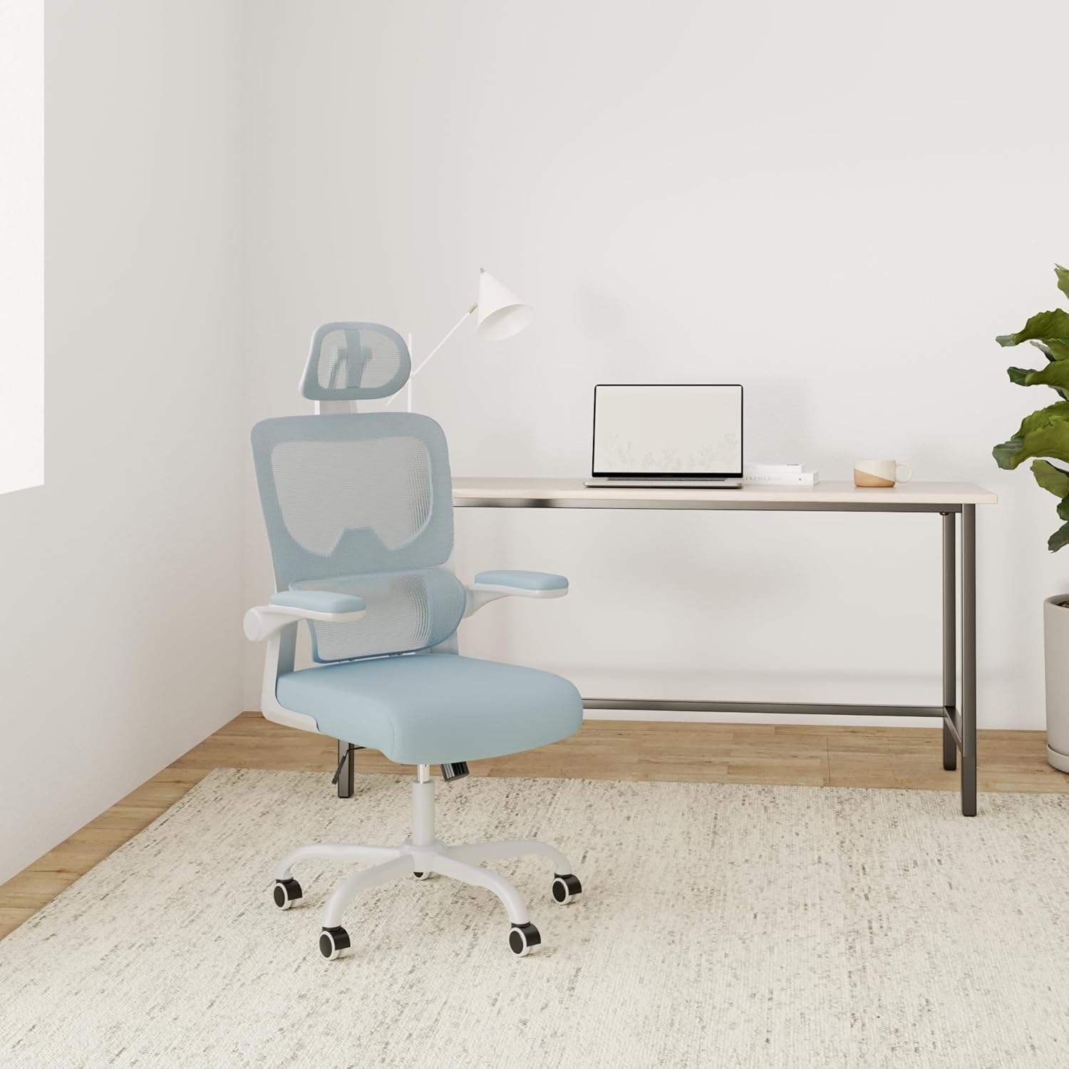 naspaluro Bürostuhl, Ergonomischer Schreibtischstuhl mit verstellbarer Kopfstütze, Armlehnen, dynamischer Lordosenstütze, Drehstuhl mit atmungsaktivem Netzbezug für das Home Office, Blau – Bild 2
