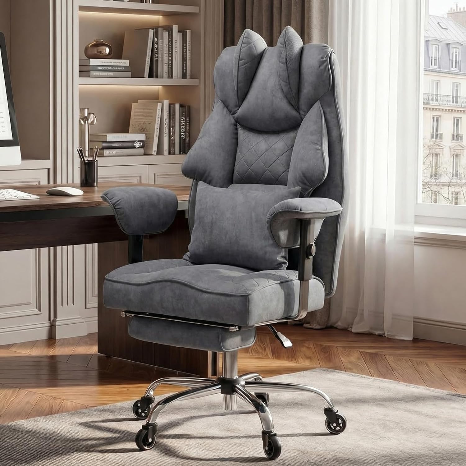 Ergonomischer Bürostuhl mit Fußstütze – Schreibtischstuhl Chefsessel 200 kg, starke Polsterung, hohe Rückenlehne, Lordosenstütze, Armlehnen höhenverstellbar, Wildlederimitat – Bild 2