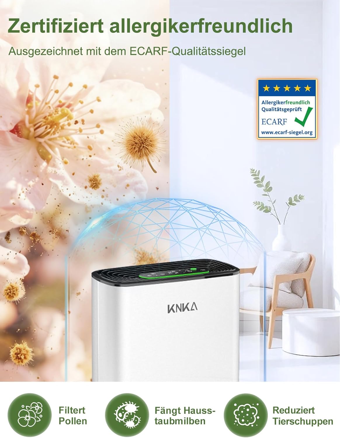 KNKA Luftreiniger, Luftreiniger, HEPA-Filter, CADR 300 m³/h, für Räume bis zu 80 m², entfernt 99,97 % Staub, Pollen und Gerüche, mit intelligentem Sensor, Auto- und Schlafmodus, ideal für Raucher und Haustiere (APH3000) – Bild 4