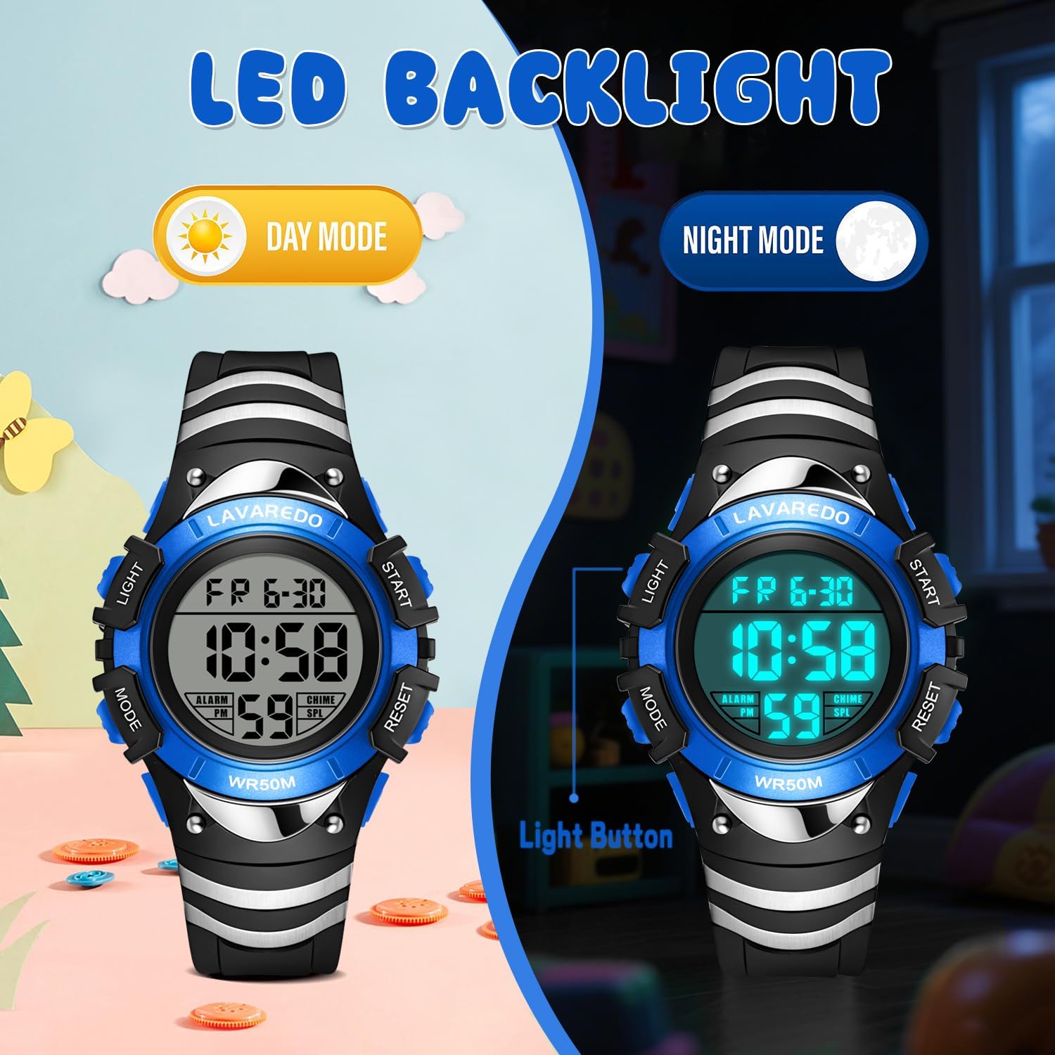 caprock Kinderuhr Jungen Mädchen, Kinderuhr mit Alarm/Timer/Zeitanzeige/Datumsanzeige/5 ATM wasserdicht, Digitaluhr, Kinder Outdooruhr für Kinder 3-12 Jahre – Bild 2