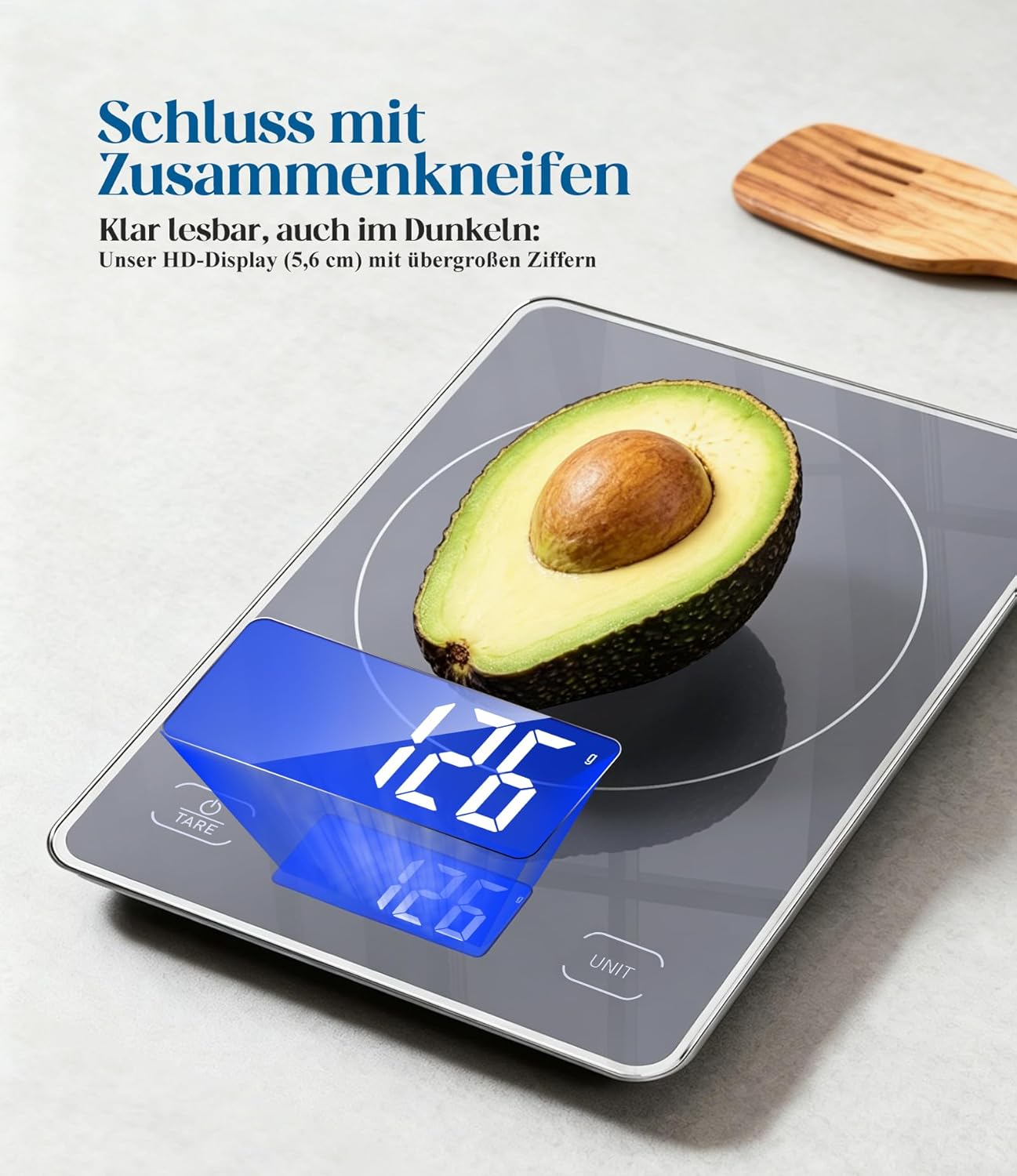 Digitale Küchenwaage mit 15 kg Tragkraft, 5 Einheiten in g/ml/fl'oz, Präzise Küchenwaage mit großem Display, Dual Power (USB-C/Batterie), 1 g hohe Präzision, Tara-Sicherheitsglas zum Backen, Kochen – Bild 4
