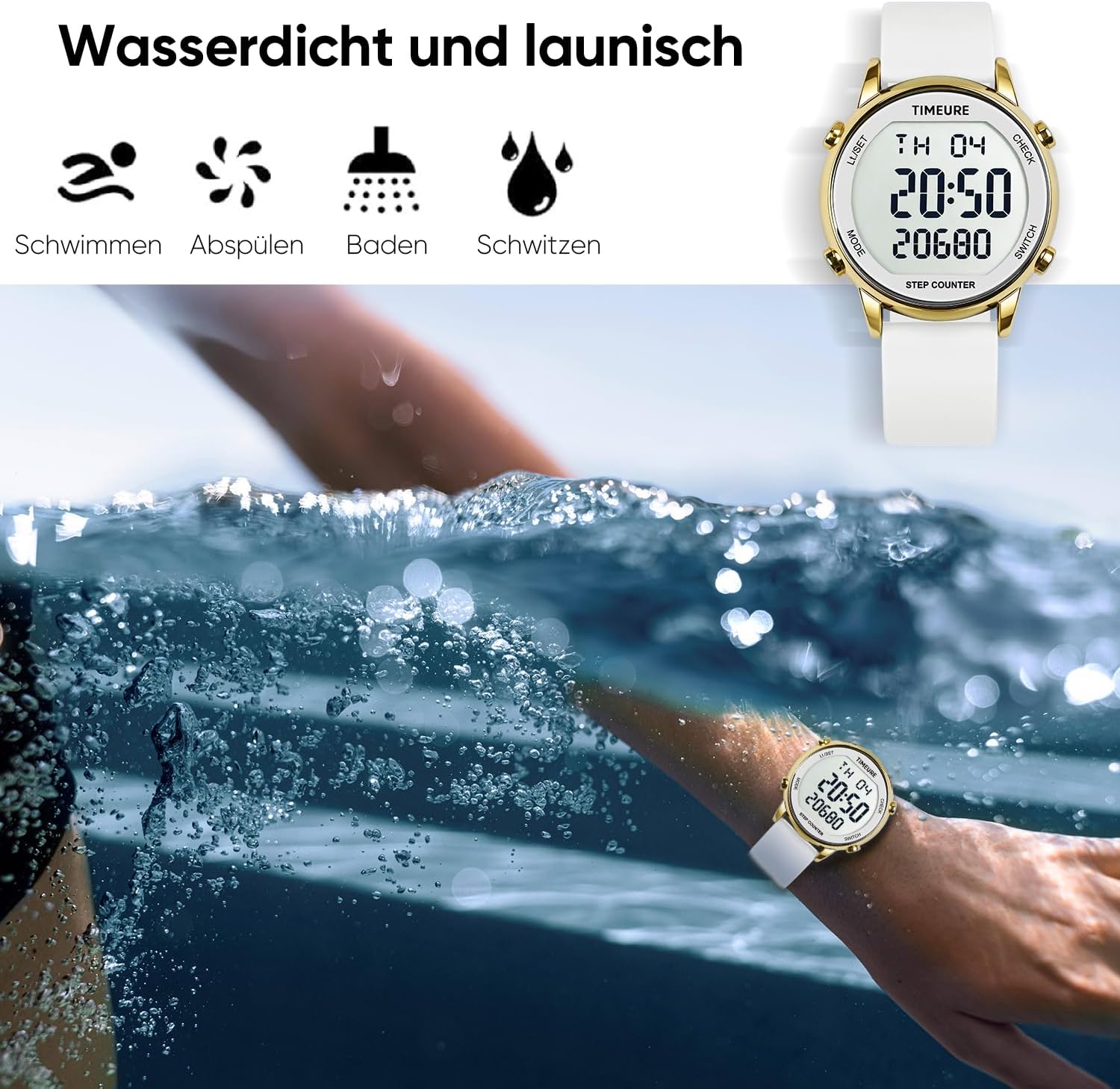 TU-2509 Schrittzähler-Uhr für Damen, Schrittzähler zum Gehen, keine App/Telefon erforderlich, wasserdichter Fitness-Kalorien-Tracker, Entfernungsmessung, Alarm, großes digitales Display, Uhr, TU-2509 – Bild 4