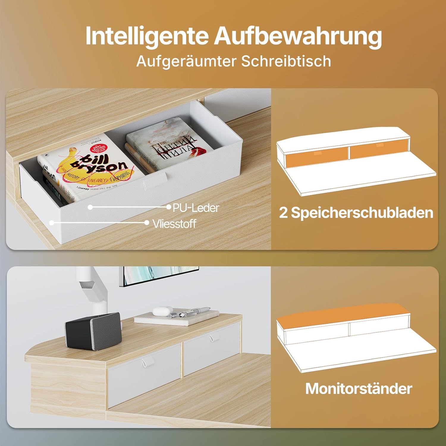 HUANUO Höhenverstellbarer Schreibtisch 80 x 53 cm mit Schubladen, kompatibler C-Klemmhalterung, Schreibtisch höhenverstellbar mit 4 Memory-Höheneinstellungen – Bild 6