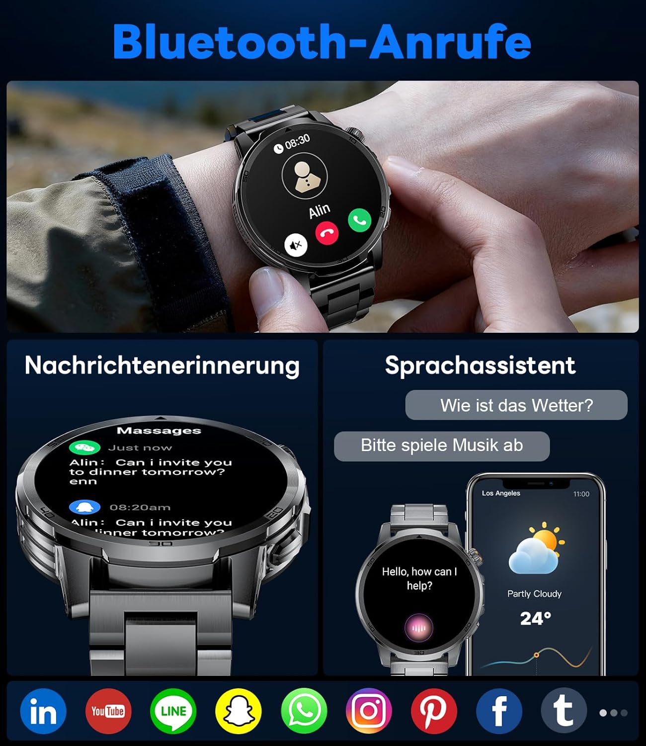 FEELNEVER Militär-Smartwatch für Herren mit 1000 mAh/1,85 Zoll HD großem Touchscreen/LED-Licht, Fitnessuhr mit 2 Armbändern, 110+ Sportmodi, Herz-/Schlaf-Tracking, IP68 wasserdicht, Uhr für iOS/Android, Schwarz – Bild 9