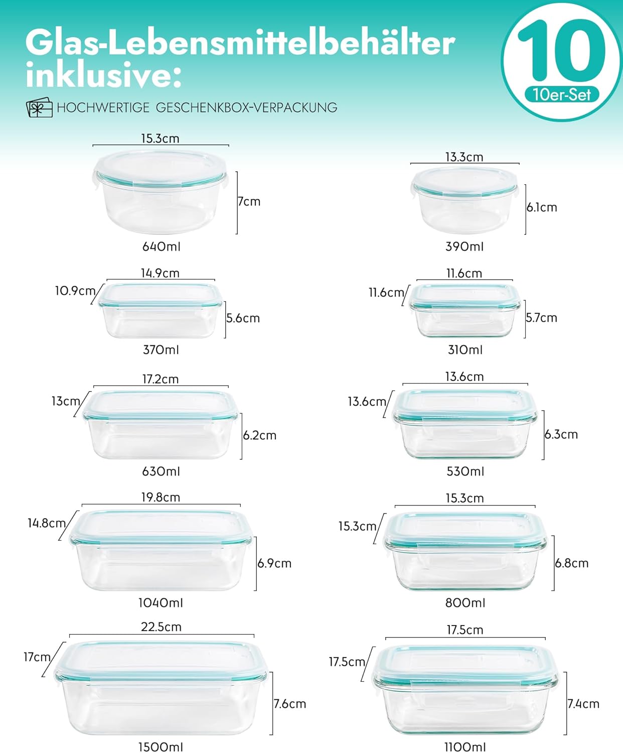 10-teiliges Glasbehälter-Set mit Deckel, Meal-Prep-Boxen aus Borosilikatglas, ofen- und mikrowellengeeignet (-20 °C bis 510 °C), luftdicht – Bild 2
