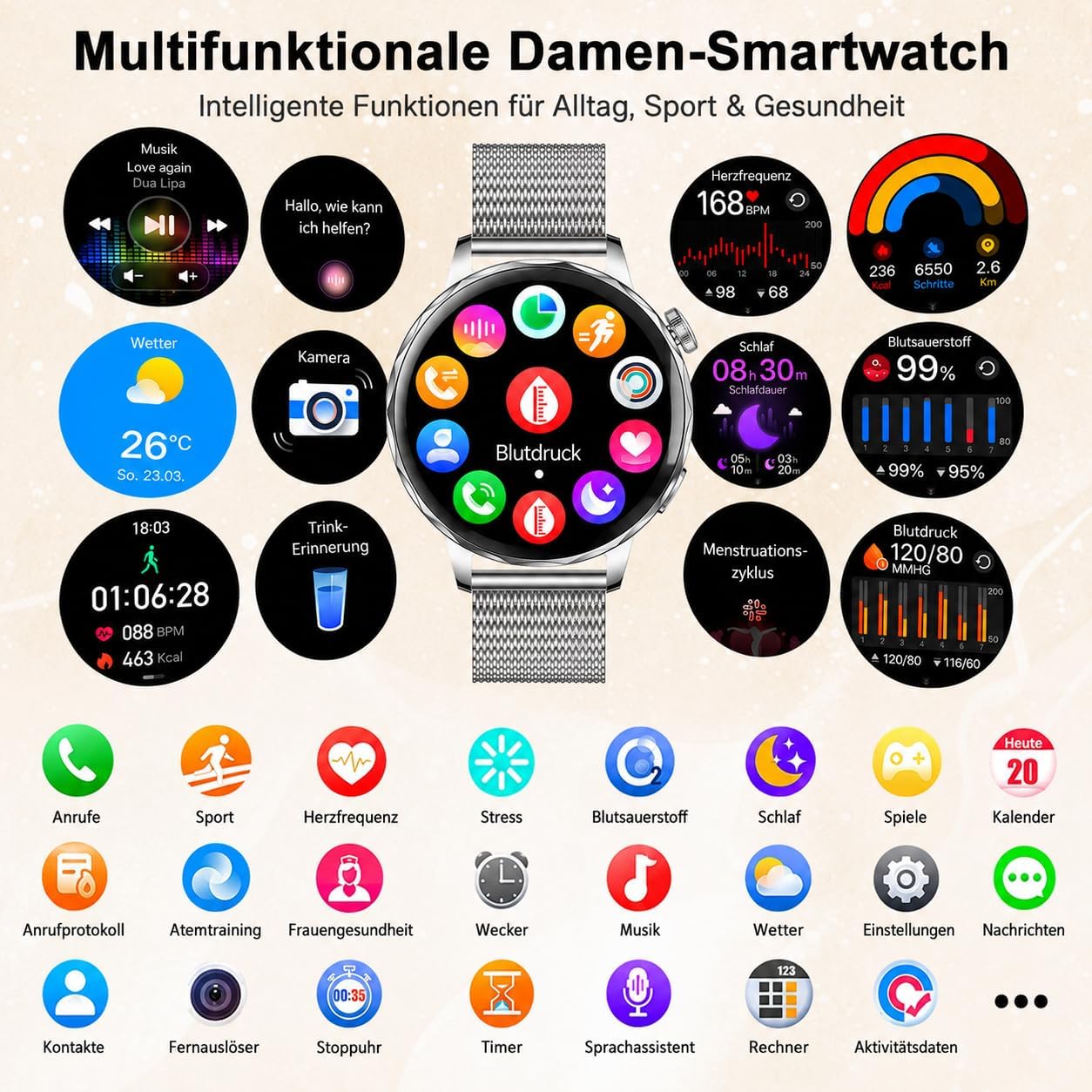 Runde Smartwatch für Damen mit Telefonfunktion, 1,27 Zoll HD-Smartwatches mit SpO2, 24-Stunden-Herzfrequenzüberwachung, Blutdruck-Schlafüberwachung, Fitness-Tracker 120+ Sportmodi, Schrittzähler für iOS Android, IP68 wasserdicht, Silber – Bild 8