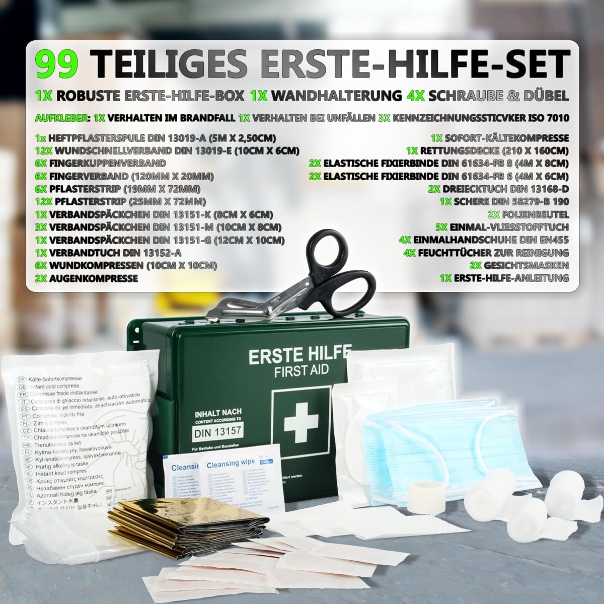 Erste-Hilfe-Set mit Inhalt, Wandhalterung, 5 x Aufkleber nach DIN 13157, Erste-Hilfe-Set für den Baustellen-Bürobetrieb – Bild 5