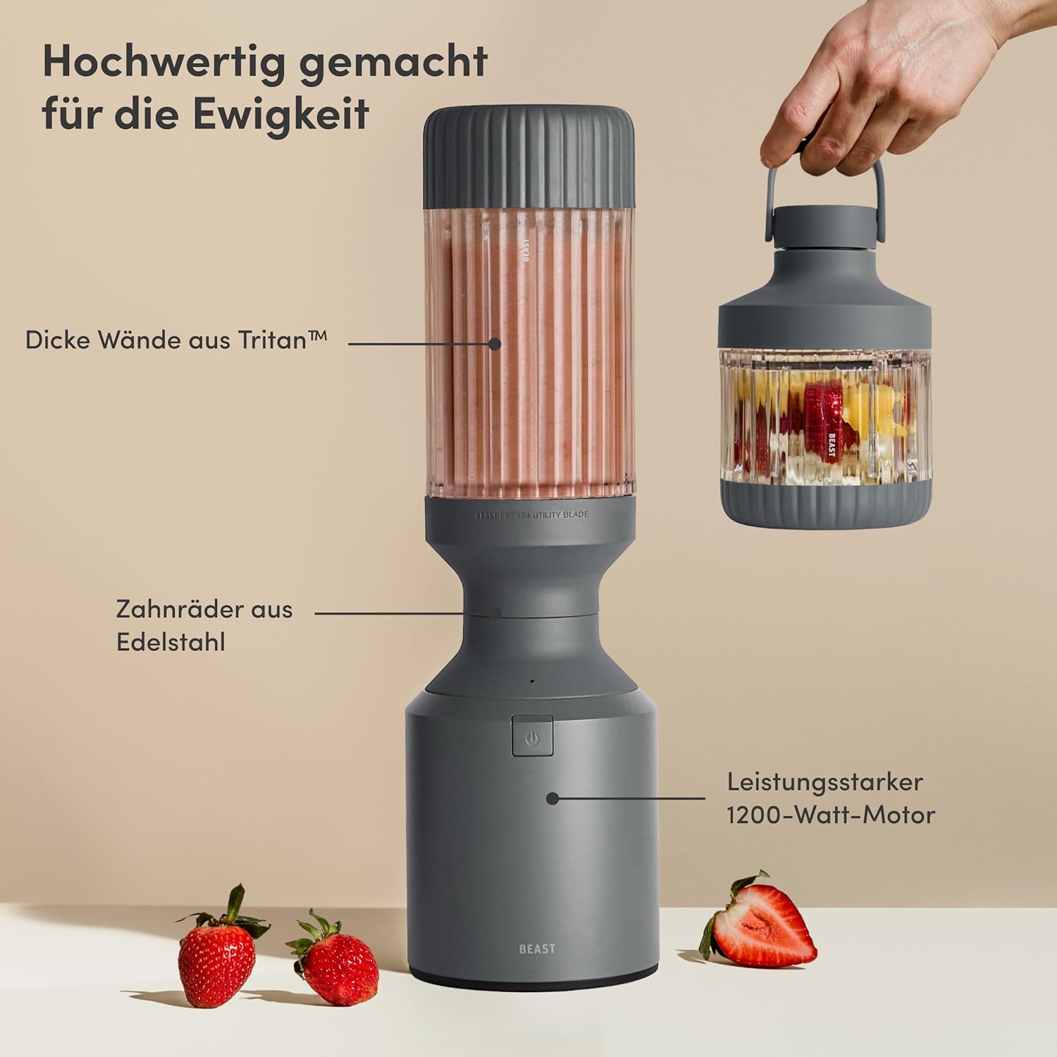 BEAST Standmixer 1200 W – Smoothie Maker Hochleistungsmixer mit 3 Tritan-Rührbechern – 1200 ml – To-go-Trink- und Aufbewahrungsdeckel – Mixer für Smoothies, Eis und Shakes – Bild 2