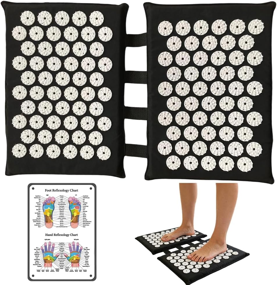 Akupressurmatte für Füße und Rücken, 2 x 34 cm, Akupunkturmatte, Schwarz, Akupressurmatte, Nagelmatte mit 110 Spitzen & Akupunkturpunkttabelle, Akupressur-Fußmatte für Zuhause, Büro