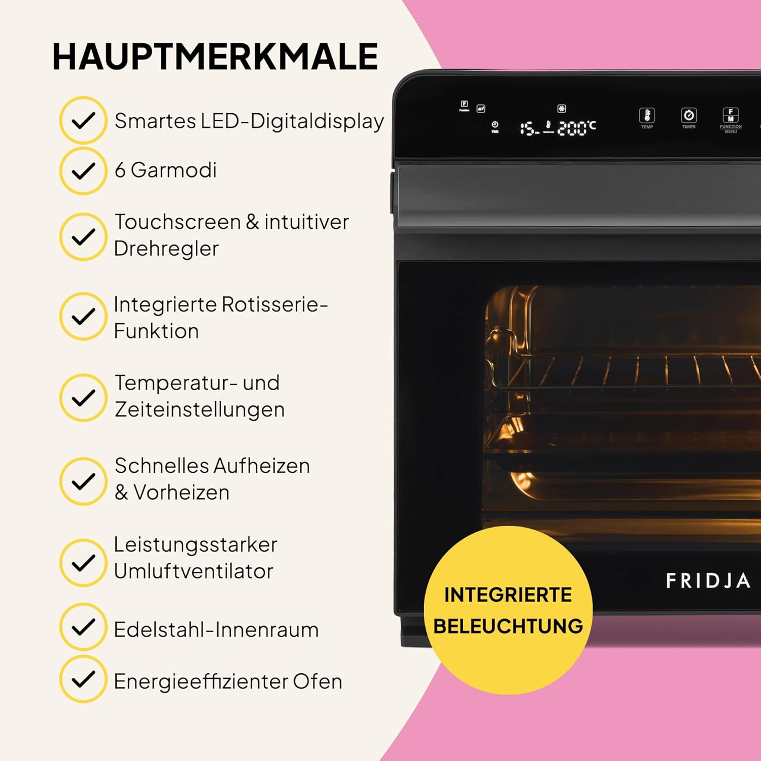 Fridja F77 30L Super Oven Pro – Premium-Digital-LED-Heißluftfritteuse – 18 intelligente Programme, Rotisserie-Funktion, leicht zu reinigen, schnell, leistungsstark und vielseitig, Innenraum aus Edelstahl – Bild 7