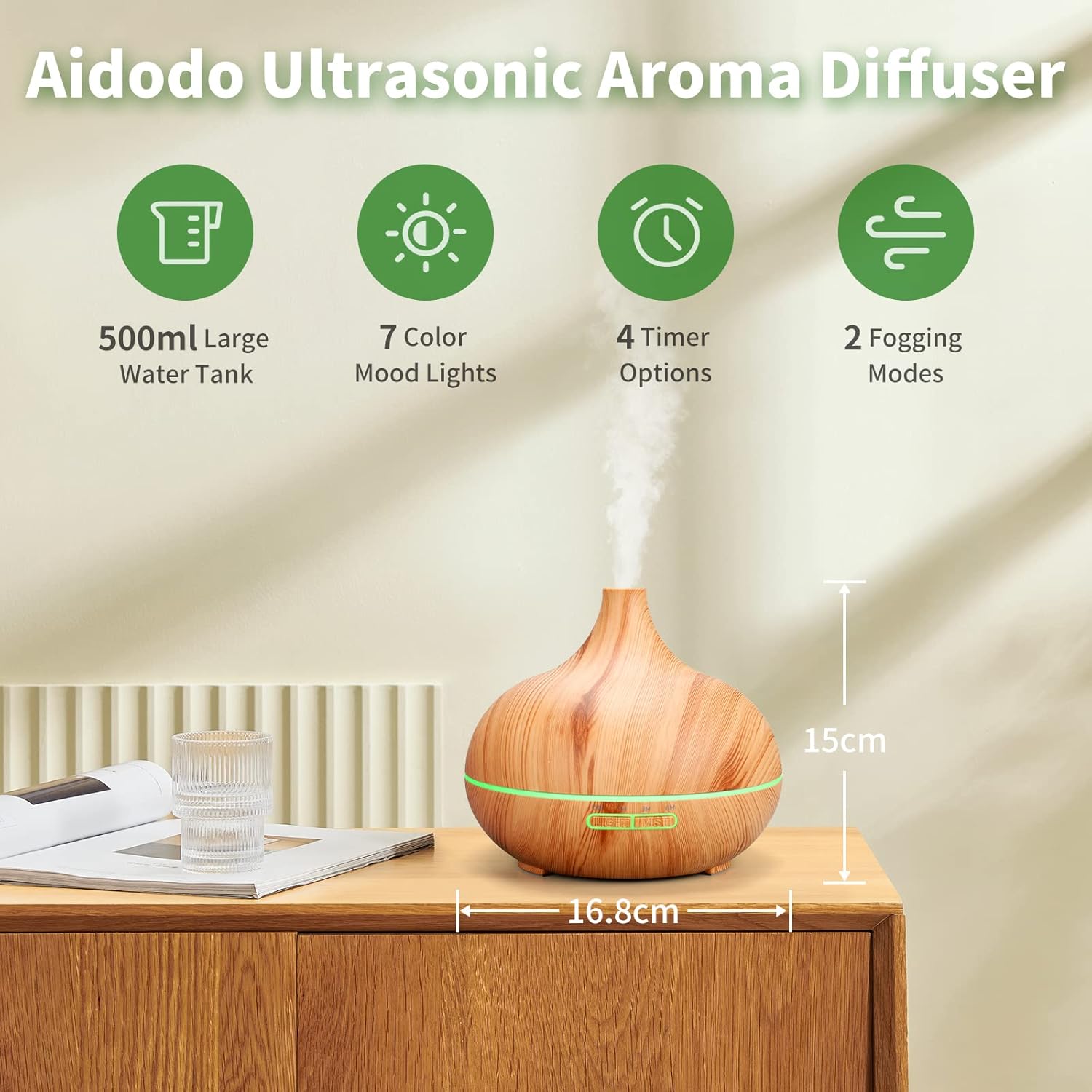 500 ml Aromadiffusor, Diffusoren für ätherische Öle, Aromatherapie-Diffusoren mit 7 LED-Leuchten, 2 Nebelmodi, 4 Timer, 23 dB Luftbefeuchter, wasserlose Ultraschall-Abschaltautomatik, Gelb – Bild 2