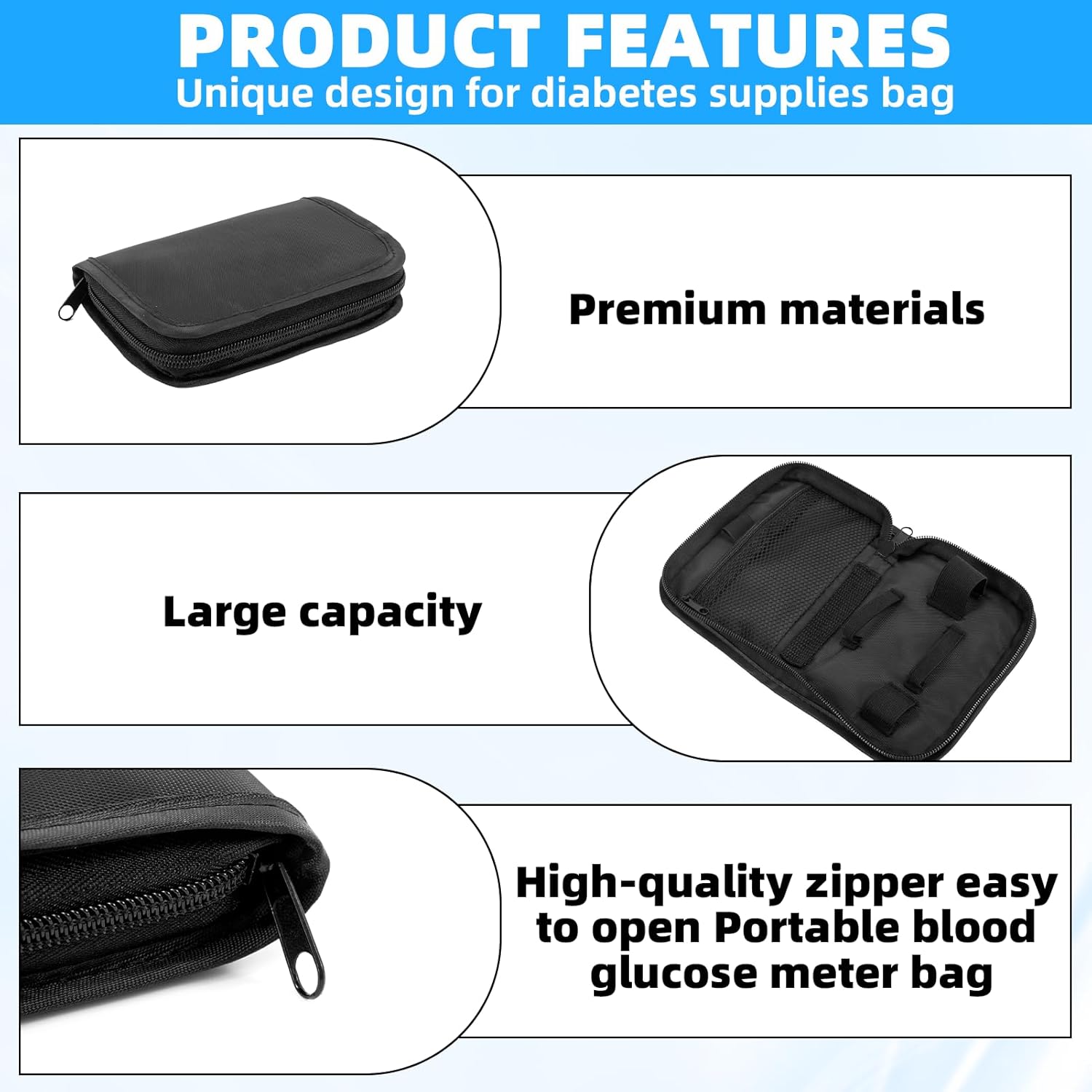 Diabetiker Tasche, Diabetes-Versorgungskoffer, Diabetes Tasche für Blutzuckermessgerät, Teststreifen, Spritzen, Nadeln; Organizer für Diabetiker, Diabetiker Zubehör (Schwarz), Nur Kartons. – Bild 4