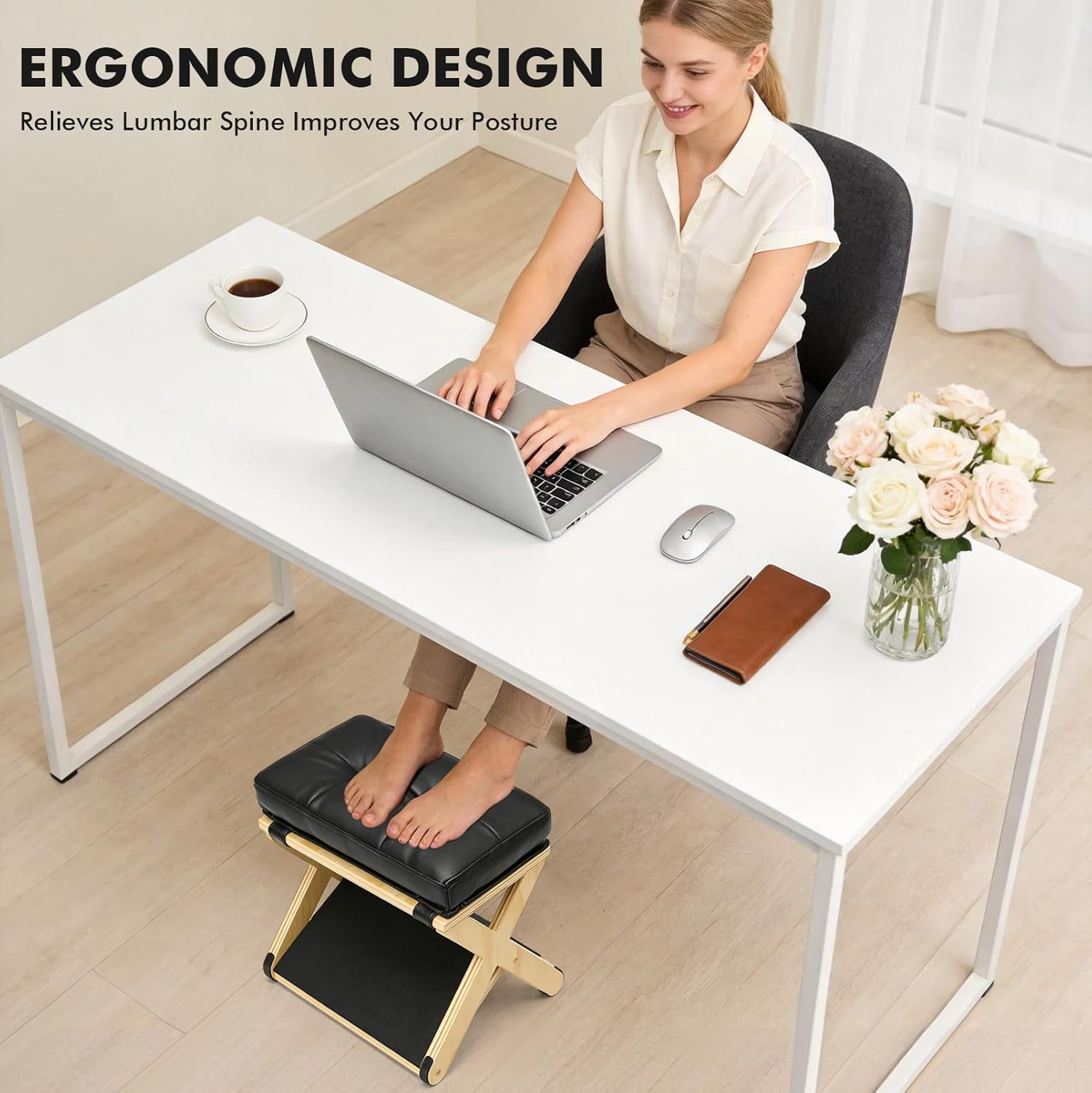 2-in-1 Fußstütze Schreibtisch, Höhenverstellbarer Fußhocker, Ergonomischer Fußhocker aus Holz mit Weichem, Rutschfester Fußhocker für Büro Auto, Ottoman Fußstütze Stuhl für Vanity – Bild 5